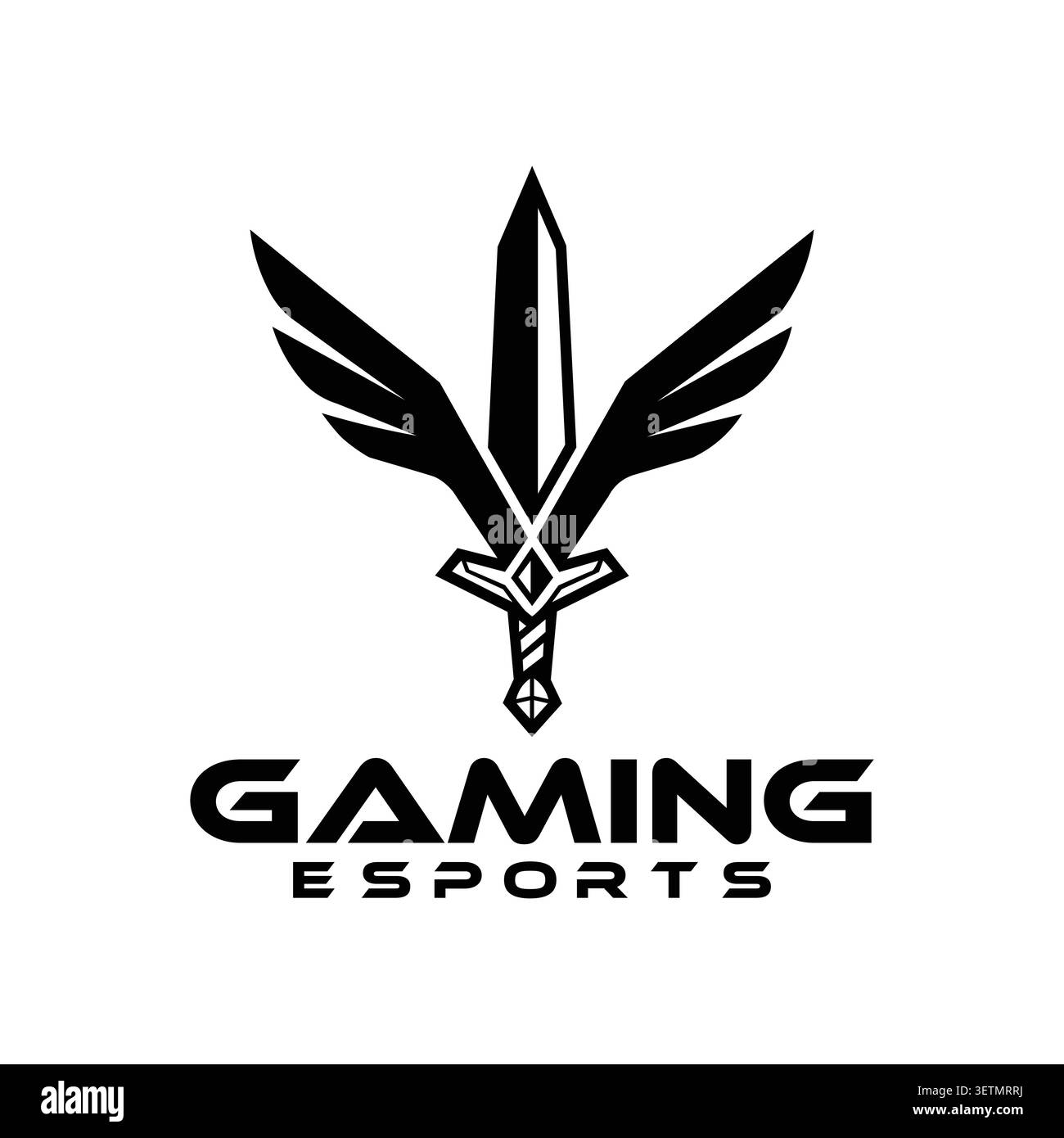 Auffälliges Gaming-Logo mit geflügeltem Schwert und ausgestreckten Flügeln, das Sieg, Stärke, Ehre und Co symbolisiert Stock Vektor