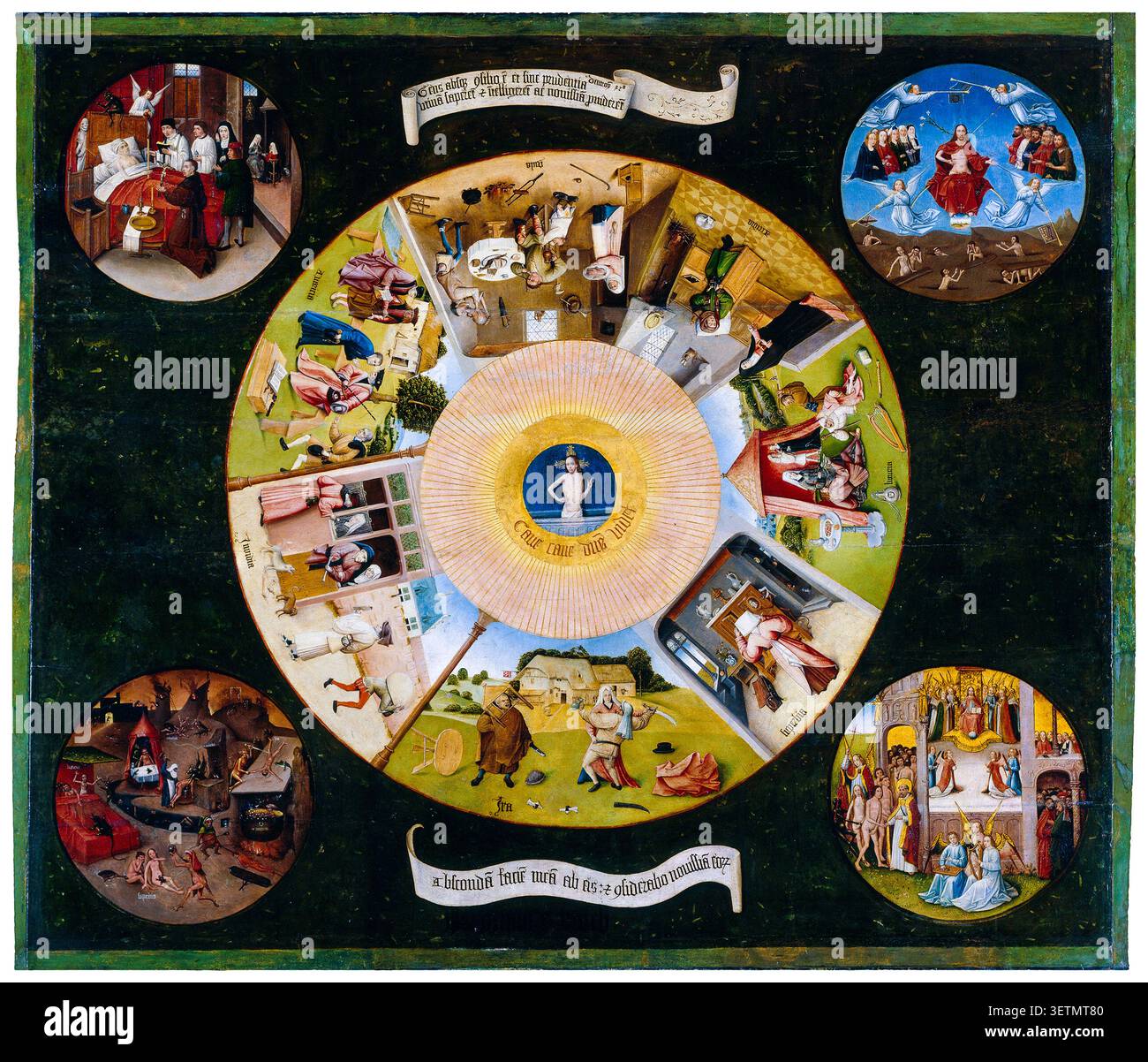 Werkstatt oder Anhänger von Hieronymus Bosch, die sieben tödlichen Sünden und die vier letzten Dinge, Malerei in Öl auf Tafel, um 1505 Stockfoto