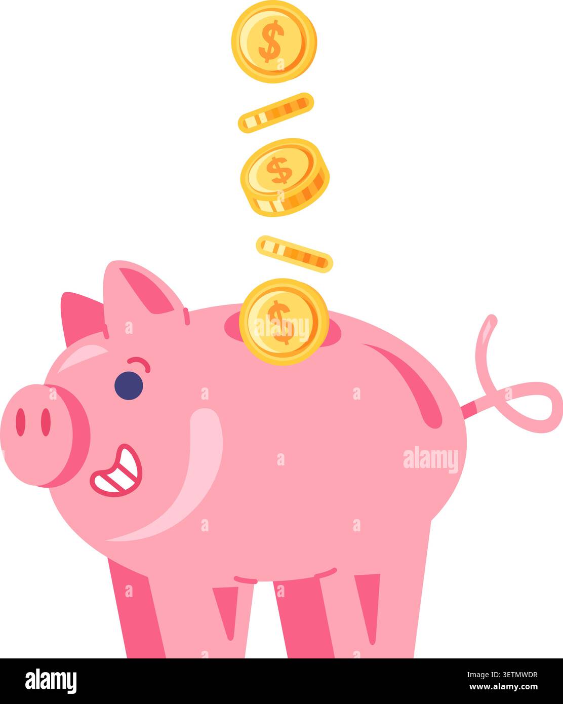 Schweinebank mit fallenden Münzen flache Illustration, die das Sparen von Haushaltsmitteln und persönlichem Vermögen darstellt Stock Vektor