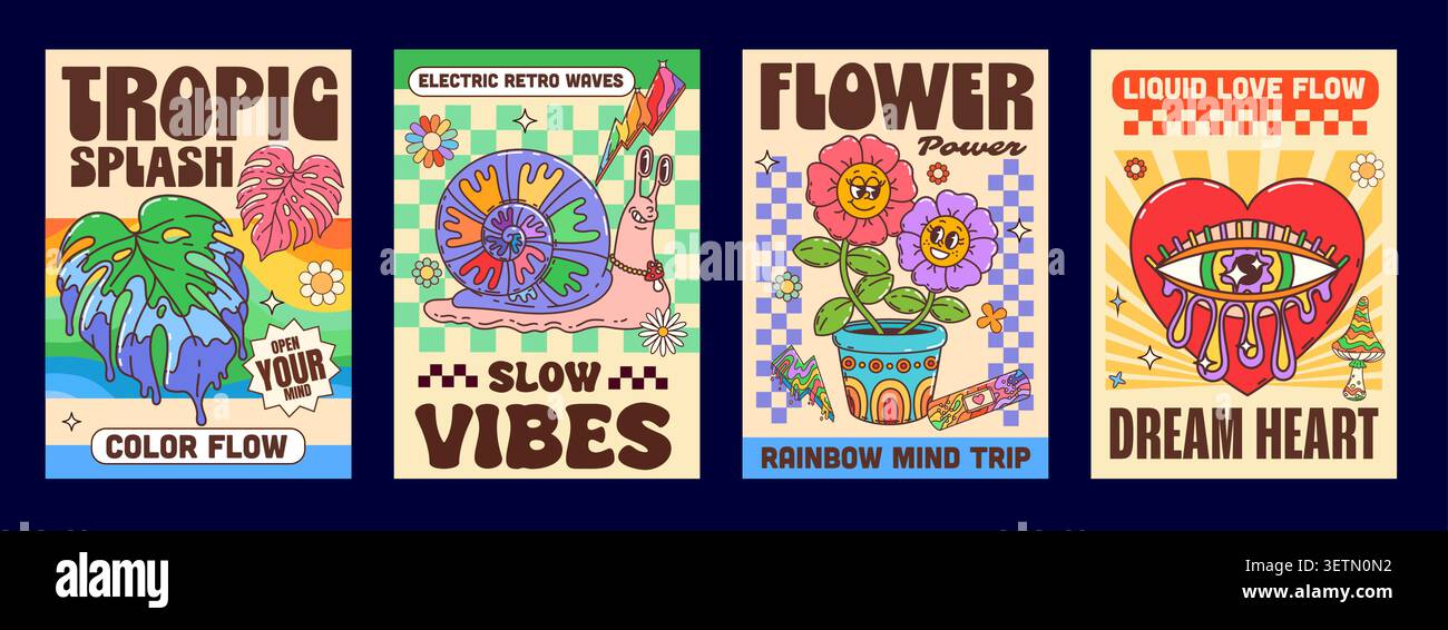 Y2K grooviges Hippie-Poster-Set mit tropischen Blättern, Regenbogenschnecke, ein paar Blumen im Topf und Herz mit einem Auge und lila Tränen. Auffällige Retro-Poster für Print-Design und Wandbilder Stock Vektor