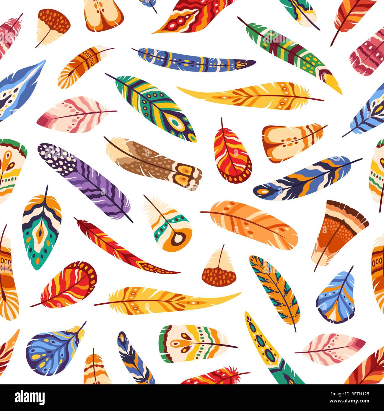 Boho-Vogelfedern, Bohemian Quills nahtloses Muster, dekorativer Stamm-Fliesenhintergrund mit Gefieder-Ornamenten, ethnische Textildekoration. Tapete oder Druck mit indigenen amerikanischen Motiven Stock Vektor