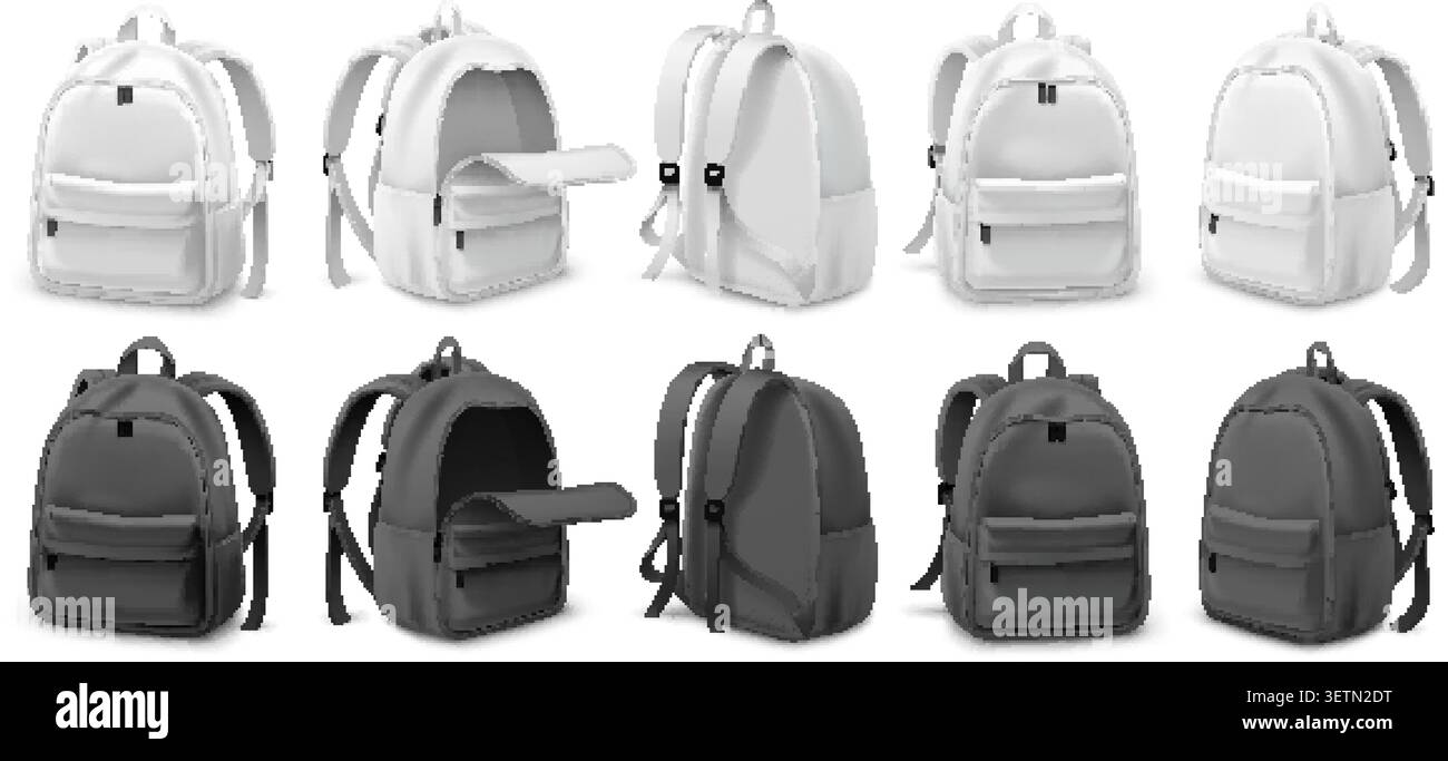 Schulrucksack-Modell. Realistischer Rucksack mit Strap Griff Tasche Rückseite Vorderseite Seitenansicht Vorlage, weiß schwarz Schultasche Studententasche Umhängetasche 3d isoliert grell Vektor Illustration Original Artwork Stock Vektor