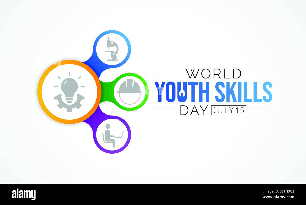 Der World Youth Skills Day (WYSD) findet jedes Jahr am 15. Juli statt und zielt darauf ab, die strategische Bedeutung der Ausstattung junger Menschen mit Fertigkeiten für zu erkennen Stock Vektor