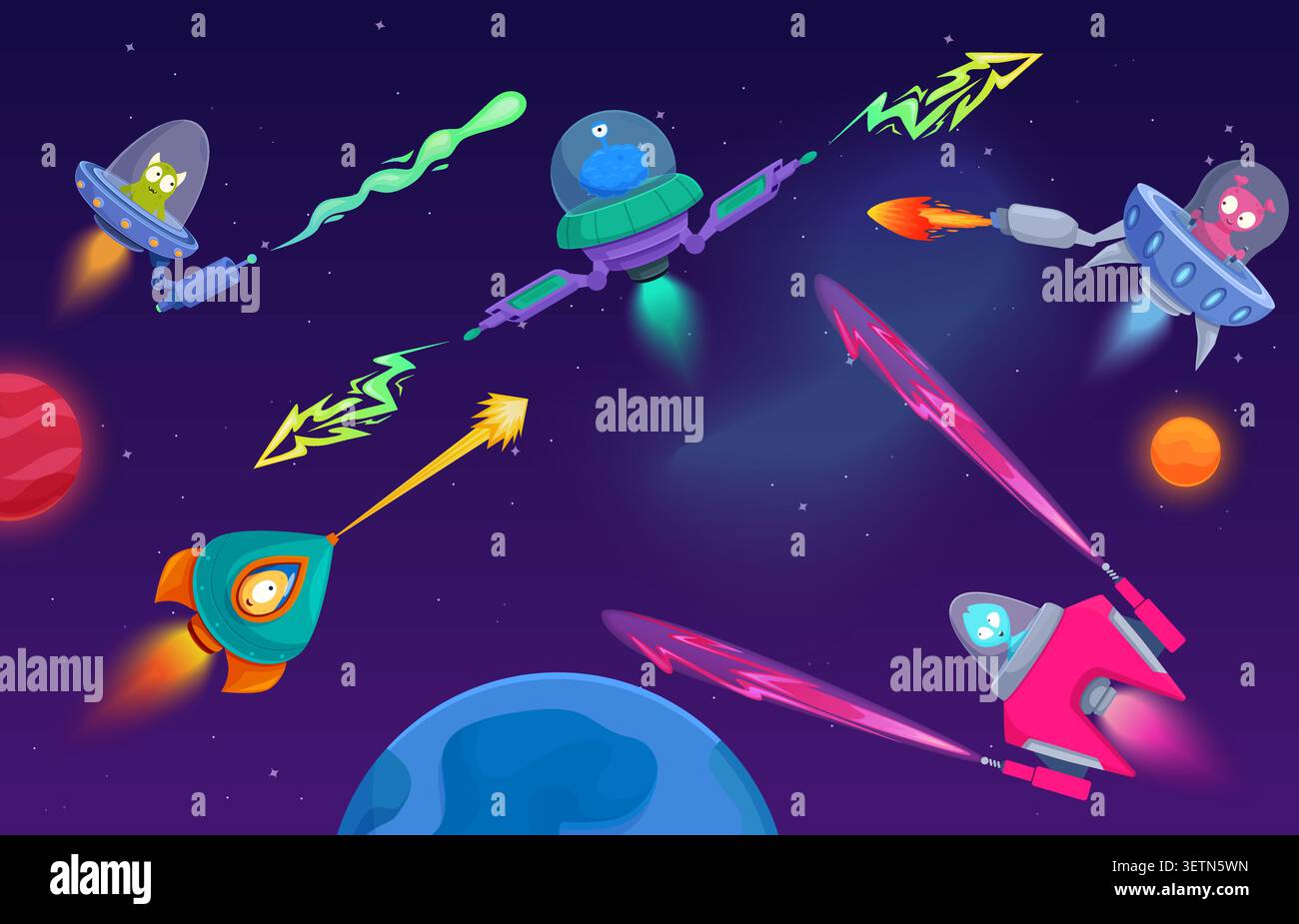 Alien Space Battle. Komische Aliens in Raumfahrzeugen mit Laserwaffen. Spieleszene, Universumsreisende und Bürgerkrieg, sapid-Vektorszene Stock Vektor