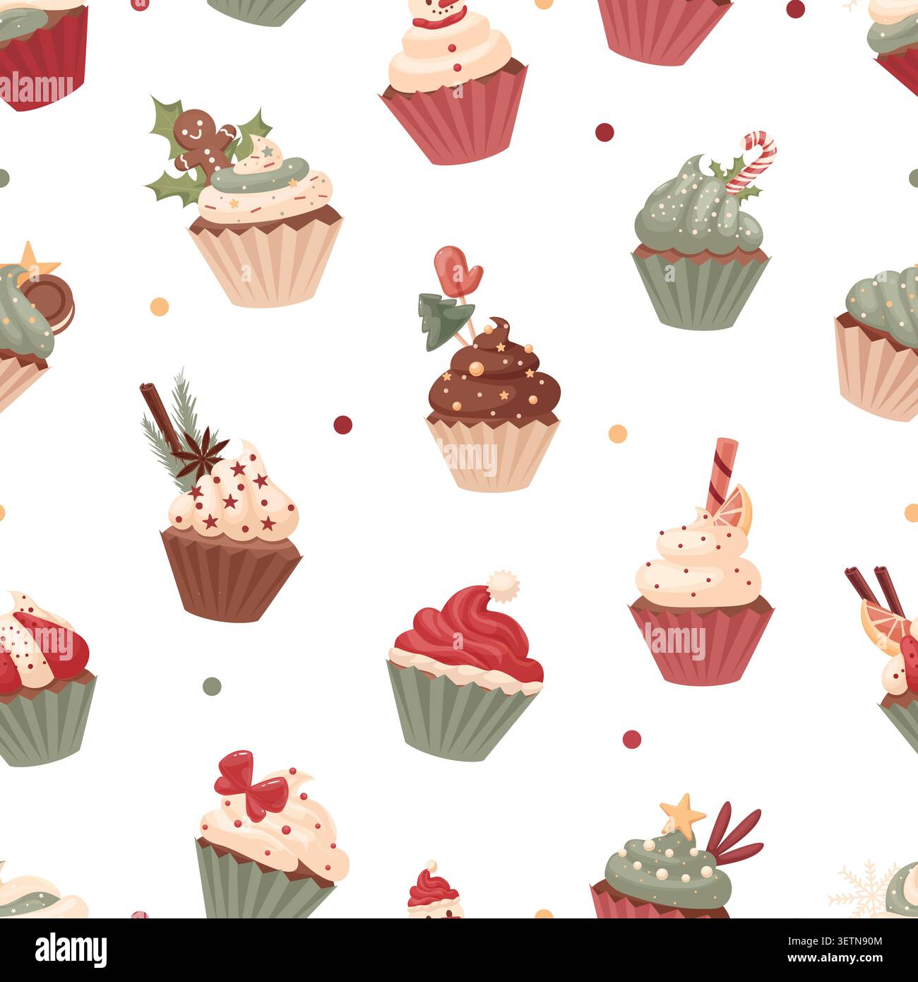 Cupcakes weihnachtsdesserts. Nahtloses Muster Cupcake, cremige Kuchen mit süßen Keksen, Waffeln, Schokolade. Druck für Stoff, Tapete, Vektor Stock Vektor