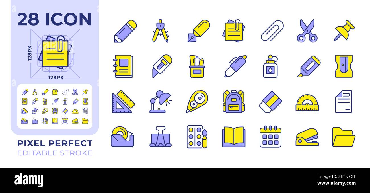 Schule und Büro Essentials Pixel Perfect Line Farbsymbole Set Stock Vektor