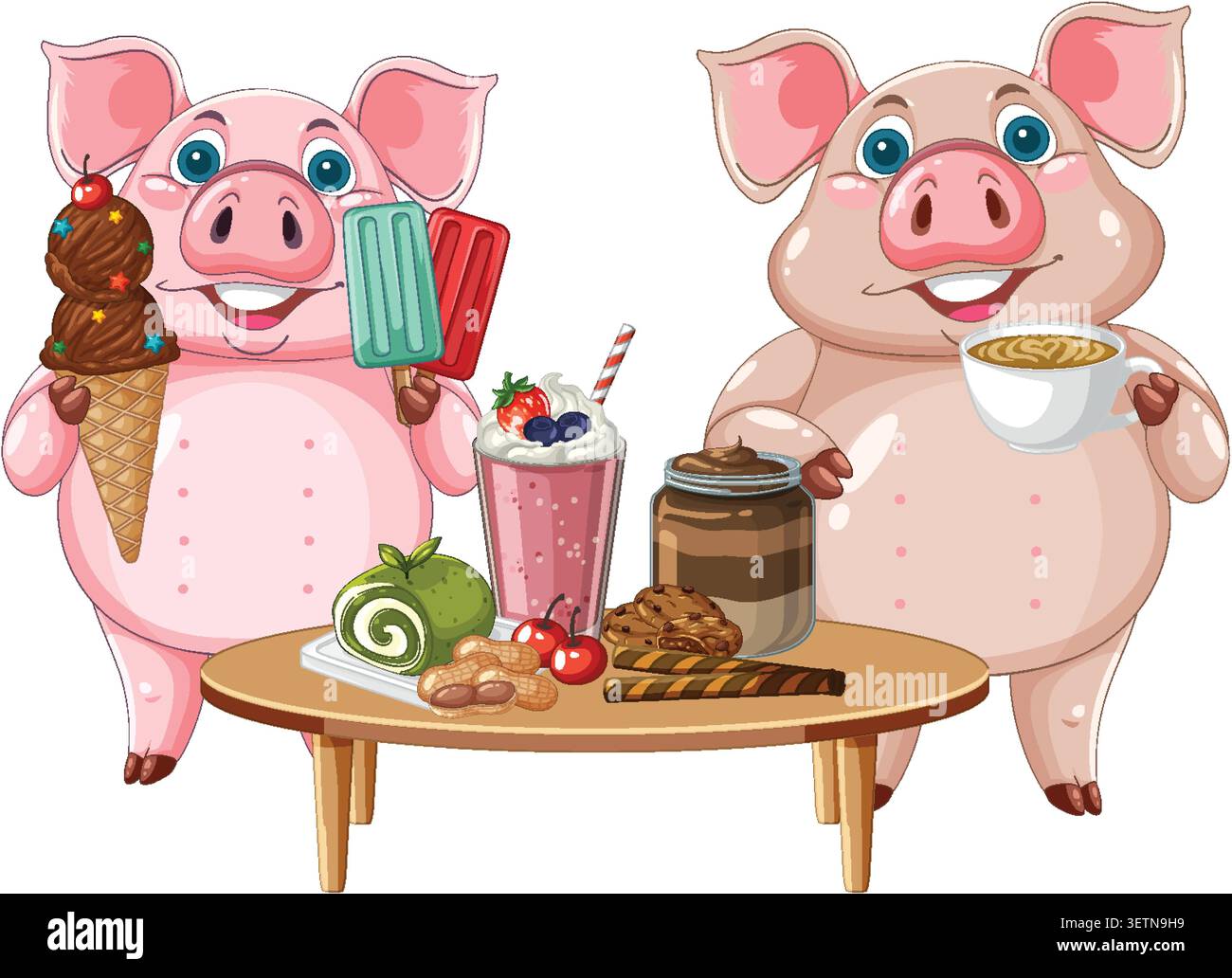 Vektor-Illustration von zwei rosa Schweinen, die Eis und Kaffee mit verschiedenen Tischdesserts halten Stock Vektor
