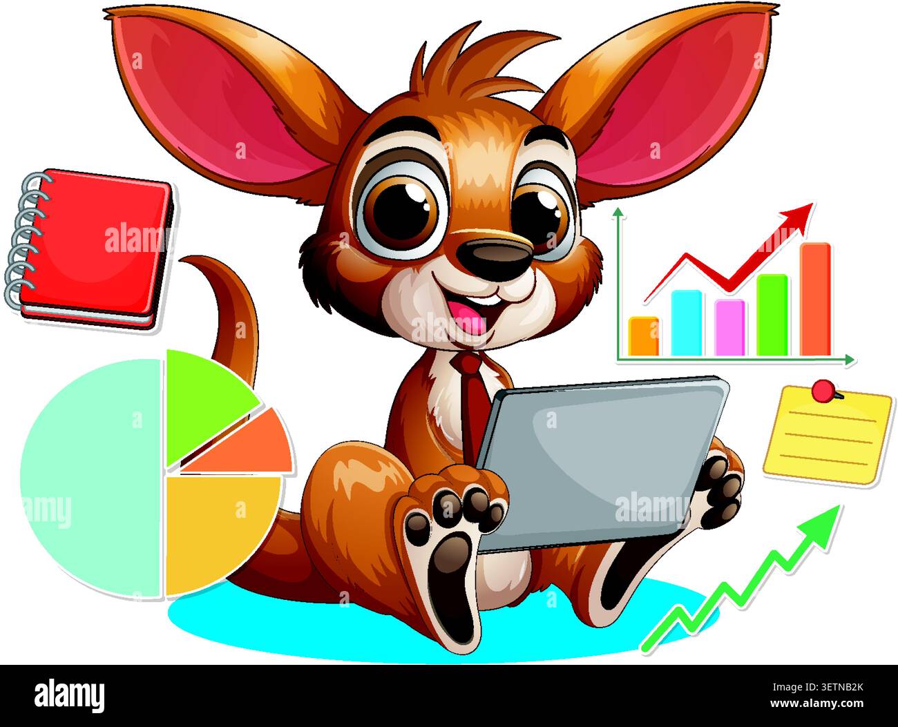 Vektor-Illustration eines lächelnden Känguruhs mit Krawatte, Analyse digitaler Wachstumsdiagramme. Stock Vektor