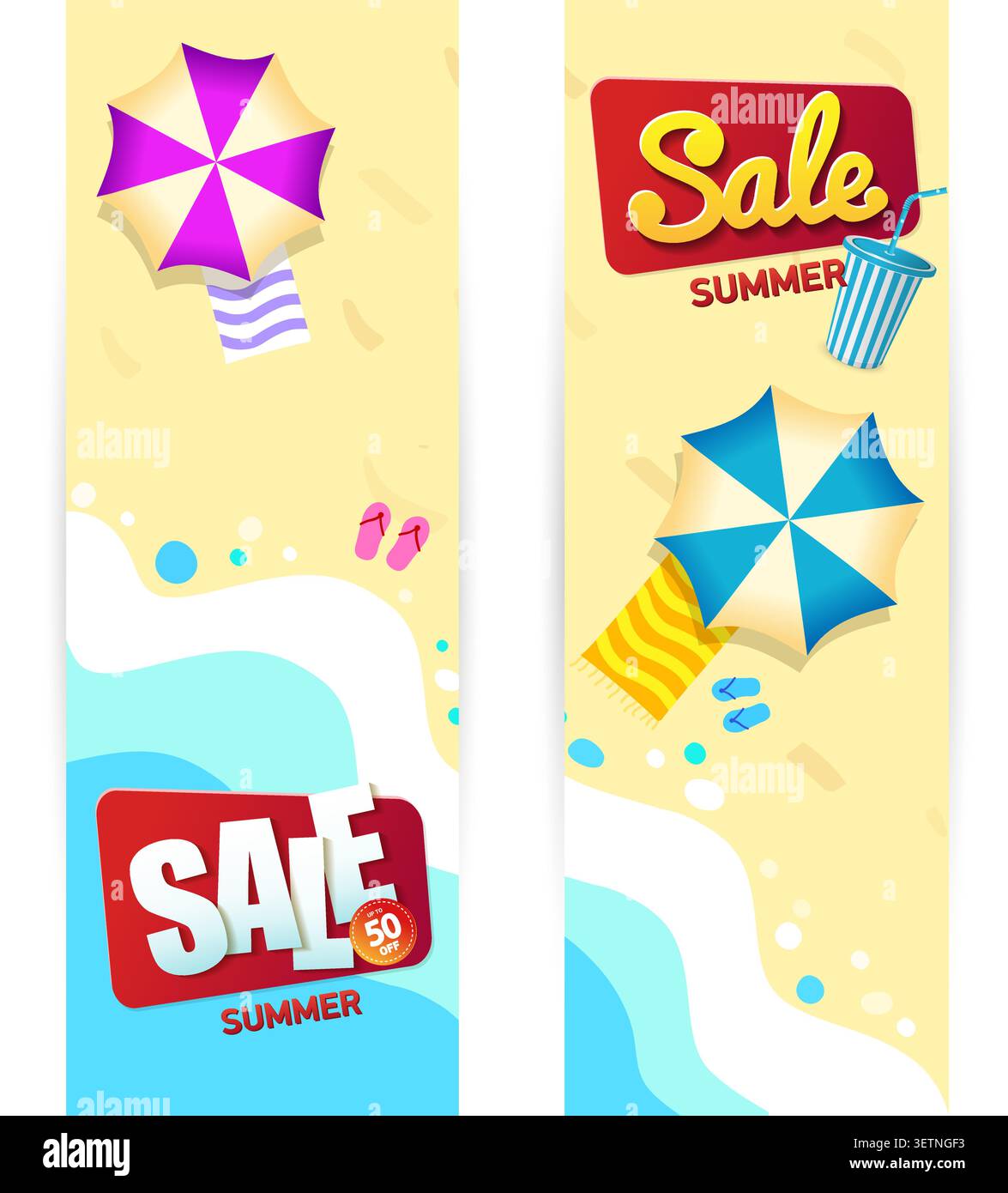 Sommer Sale Banner Vektor Illustration. Sonderangebot mit Sonnenschild. Blick von oben auf den Hintergrund der Strandwellen im Sommer. Blau und orange. Vektor Stock Vektor