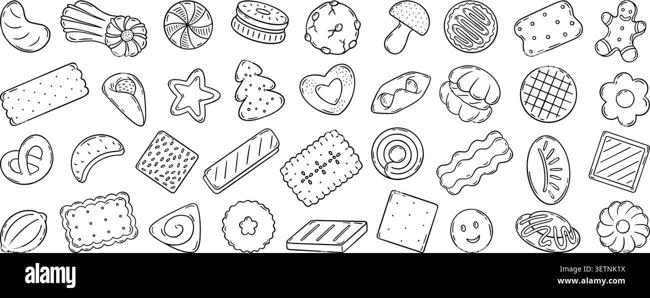Verschiedene Kekse. Lebkuchen, Weihnachtsbaum, Stern und Muscheln süßes Dessert einfache Art. Isolierte leckere Speisen für Cafés, Backwaren Stock Vektor