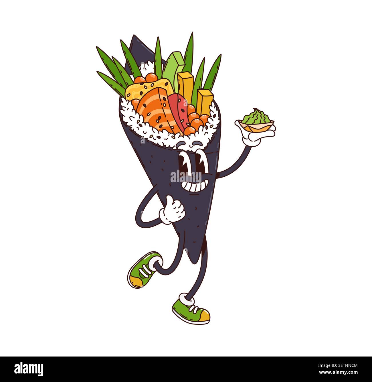 Cartoon grooviges japanisches Reis-Sushi und niedliche Handrolle oder Temaki-Figur mit lächelndem Gesicht, Lachs, Ei, Avocado, Reh, Algen und Turnschuhe mit einer kleinen Schale Wasabi. Lustige japanische Essensfigur Stock Vektor