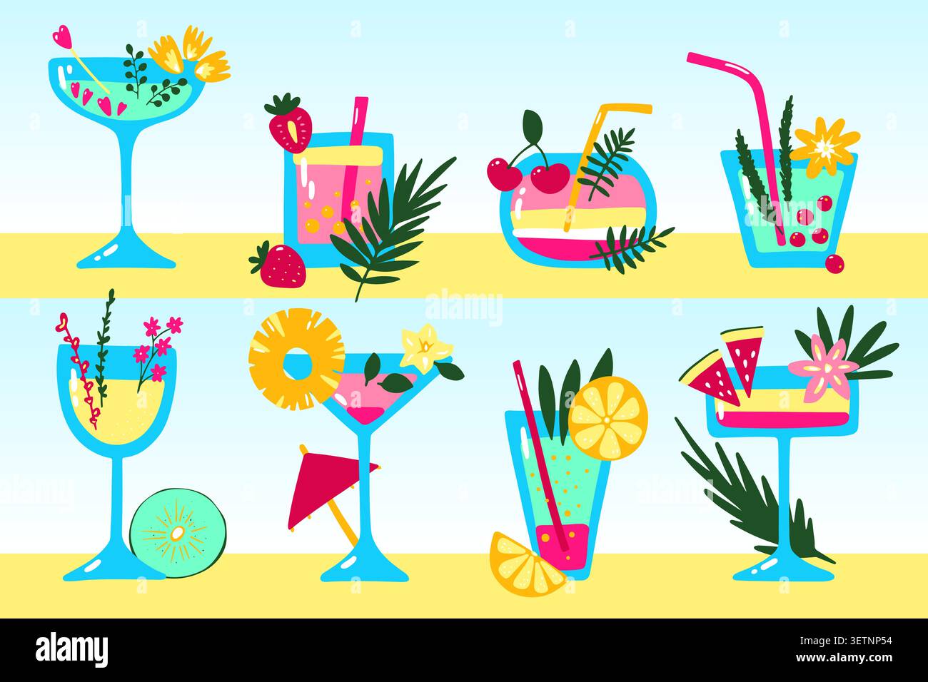 Tropische Cartoon-Cocktails. Farbgetränke am Strand. Handgezeichnete Shakes mit Strohhalmen, Früchten, Beeren, Blättern, Gewürzen. Getränke, Limonade, Saft Stock Vektor