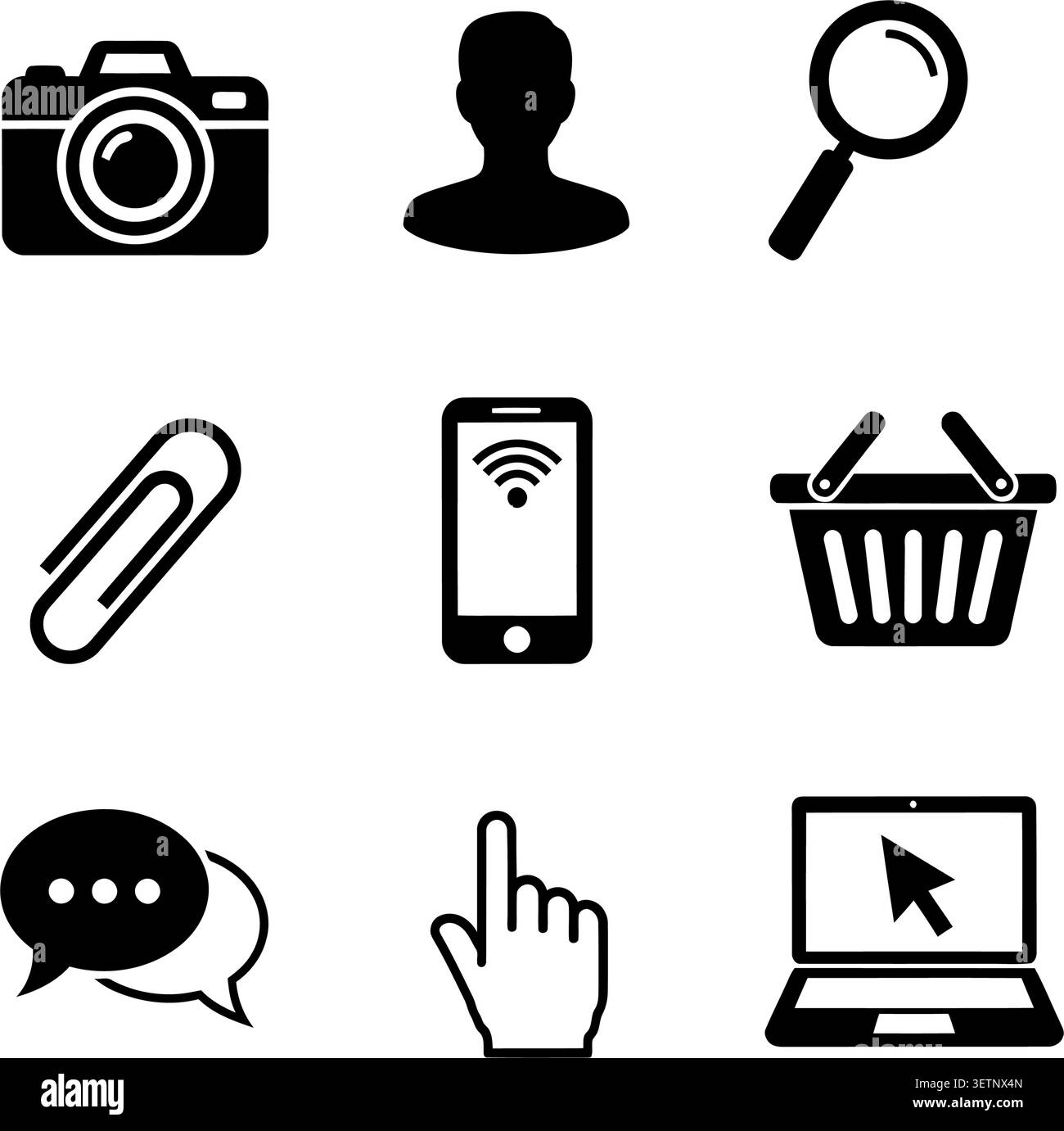 Eine klare, minimalistische Kollektion von neun flachen Schwarzweiß-Symbolen für Fotografie, Profil, Suche, Büroklammer und mehr Stock Vektor