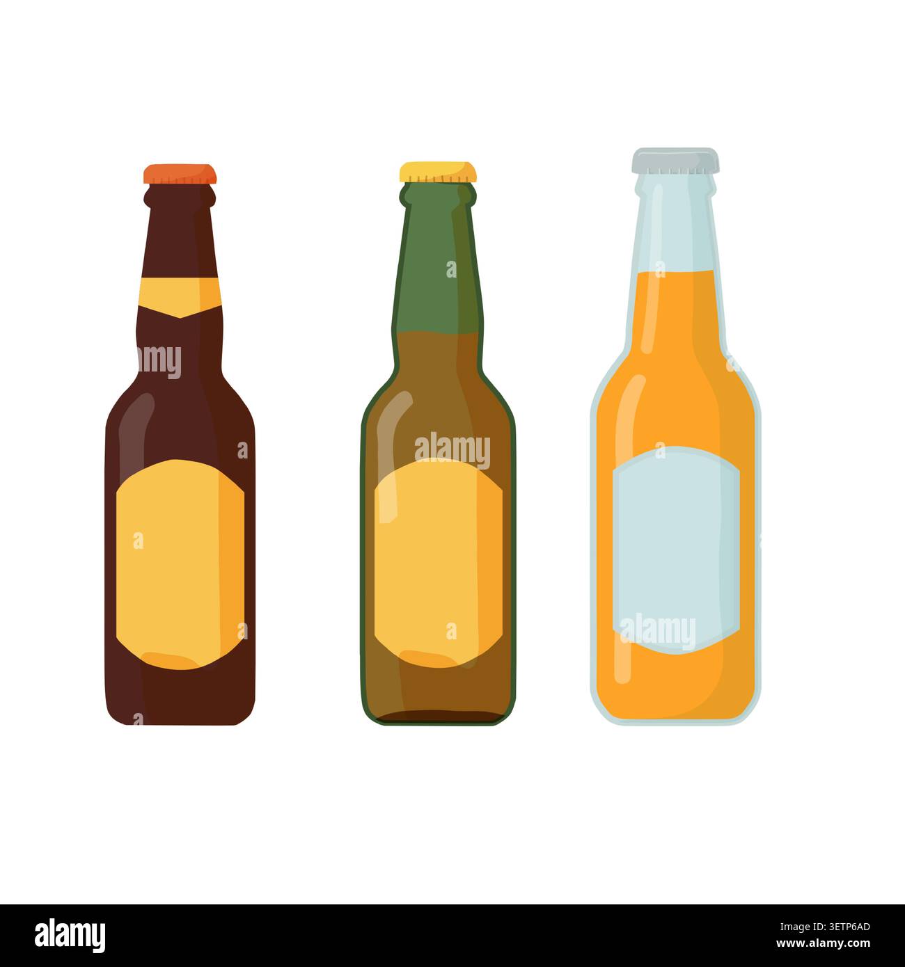 Eine Flasche Bier oder Limonade. Vektorabbildung. Ein Set aus Glasflaschen mit Kappen und Etiketten, isoliert auf weißem Hintergrund Stock Vektor