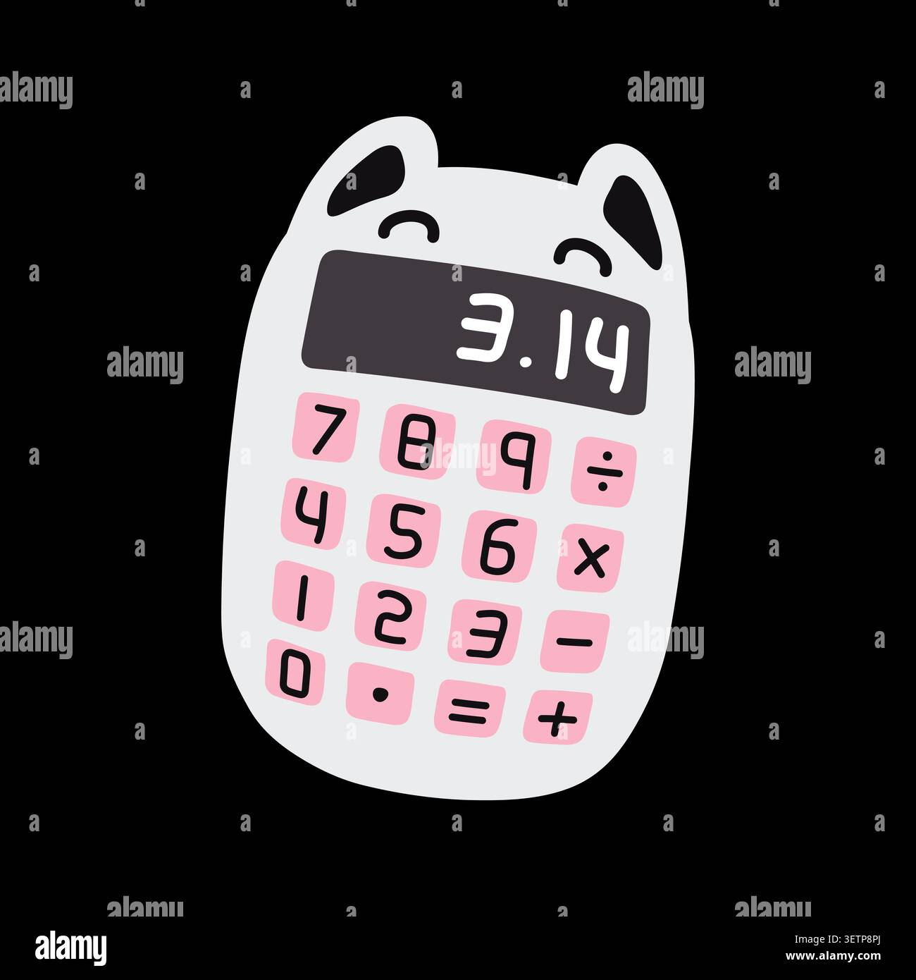 Lustiges weißes Katzenrechner-Vektorsymbol mit rosafarbenen Tasten auf schwarzem Hintergrund, mit mathematischen Ziffern und der Zahl pi auf dem Bildschirm Stock Vektor