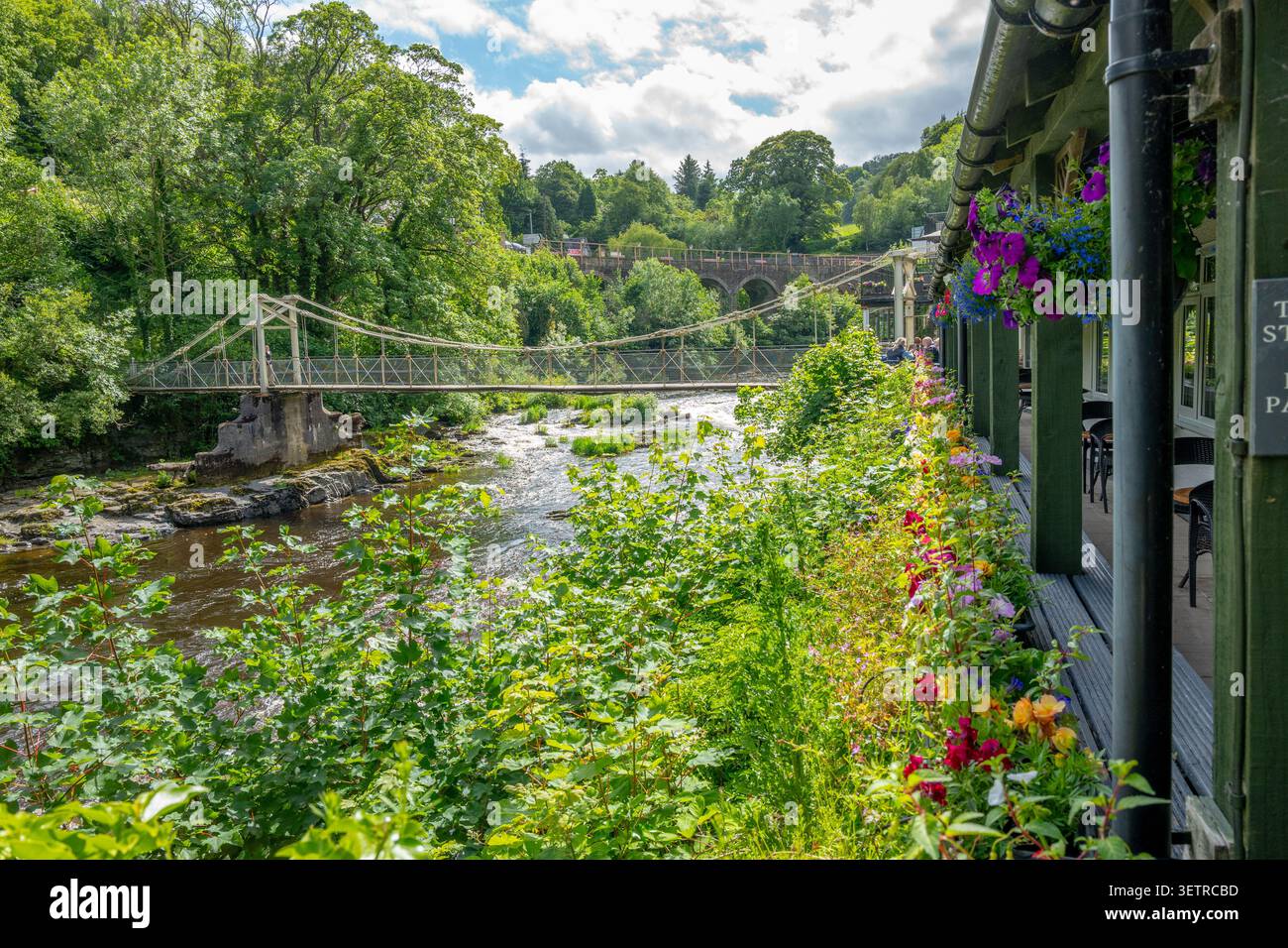 Die Kettenbrücke Pont Gadwyni, die bei Berwyn den Fluss Dee überquert und neben dem Chain Bridge Hotel liegt. Stockfoto