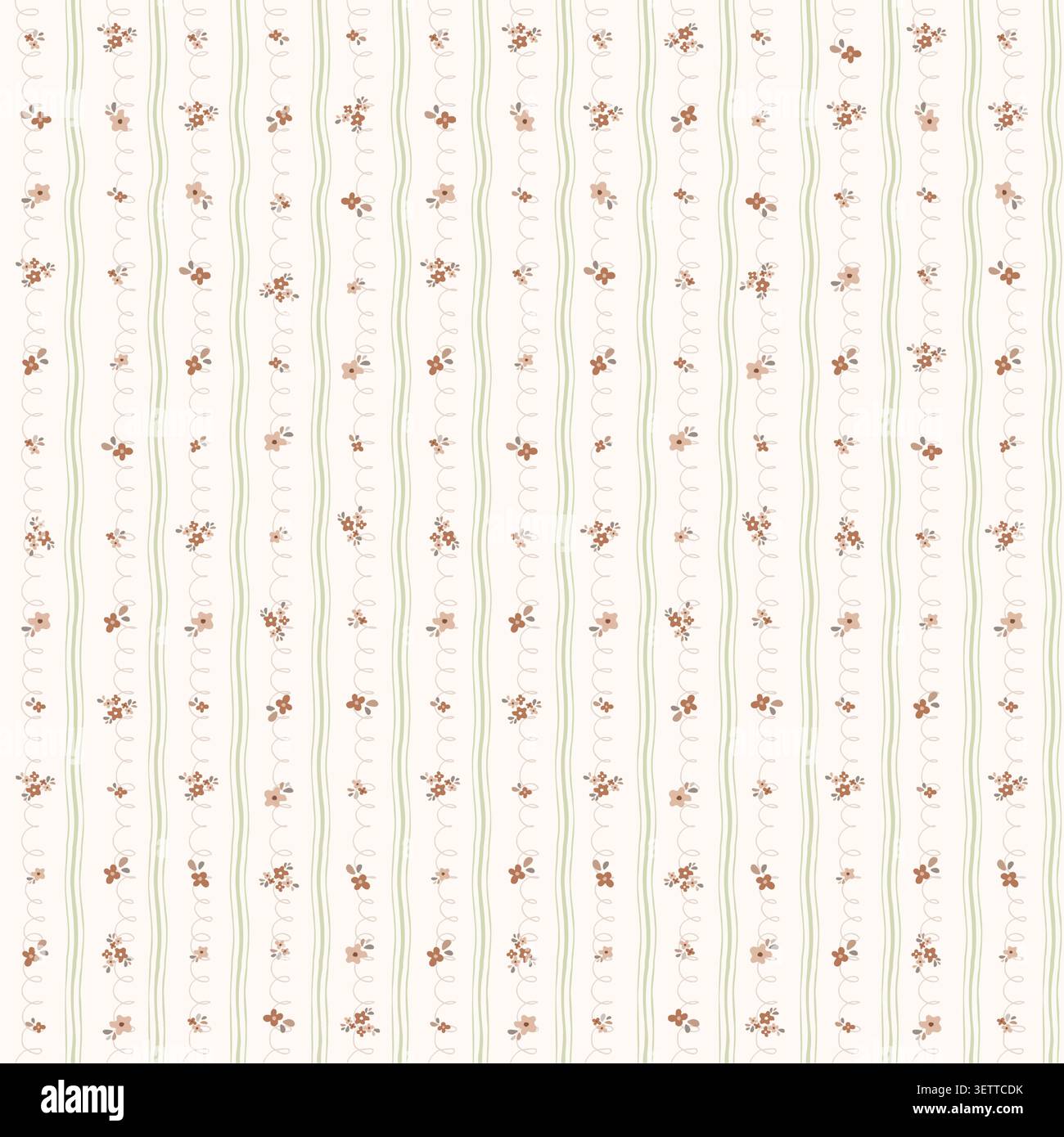 Niedliches nahtloses Vintage-Blumenmuster mit winzigen braunen Blüten und grünen vertikalen Wellenlinien. Minimalistischer Hintergrund mit ditsy Blume auf beigefarbenem Hintergrund. Stock Vektor
