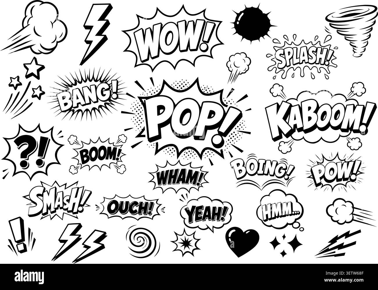 Sammlung von Soundeffektwörtern im Comic-Stil, Sprachnetzungen, Explosionen, Bewegungseffekten, Symbolen, und Action-Elemente in Schwarz und weiß. Stock Vektor
