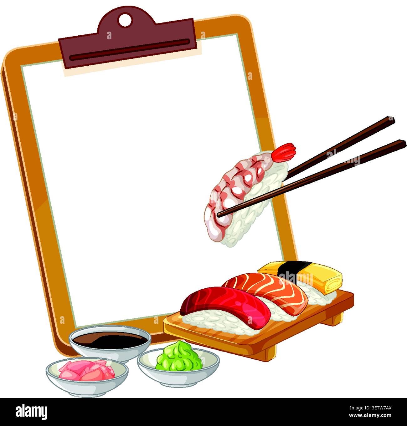 Vektor-Illustration eines leeren Clipboards mit Sushi, Essstäbchen, Sojasauce und Wasabi-Gewürzen Stock Vektor