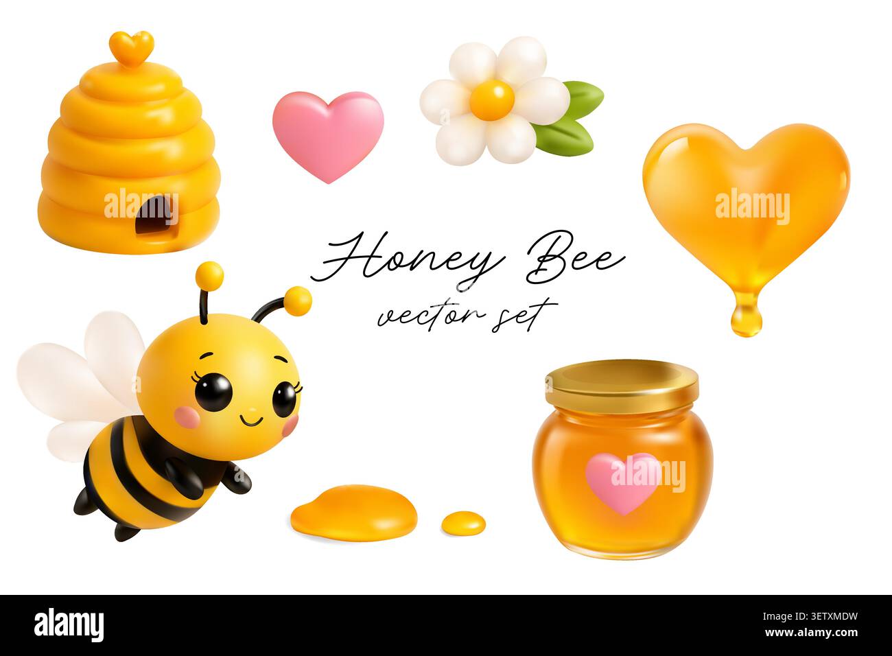 Nettes 3D Honigbiene Vektor Set mit einem Bienencharakter Bienenstock Honigglas Blume Herz und Honigtropfen isoliert auf einem hellen Hintergrund Stock Vektor