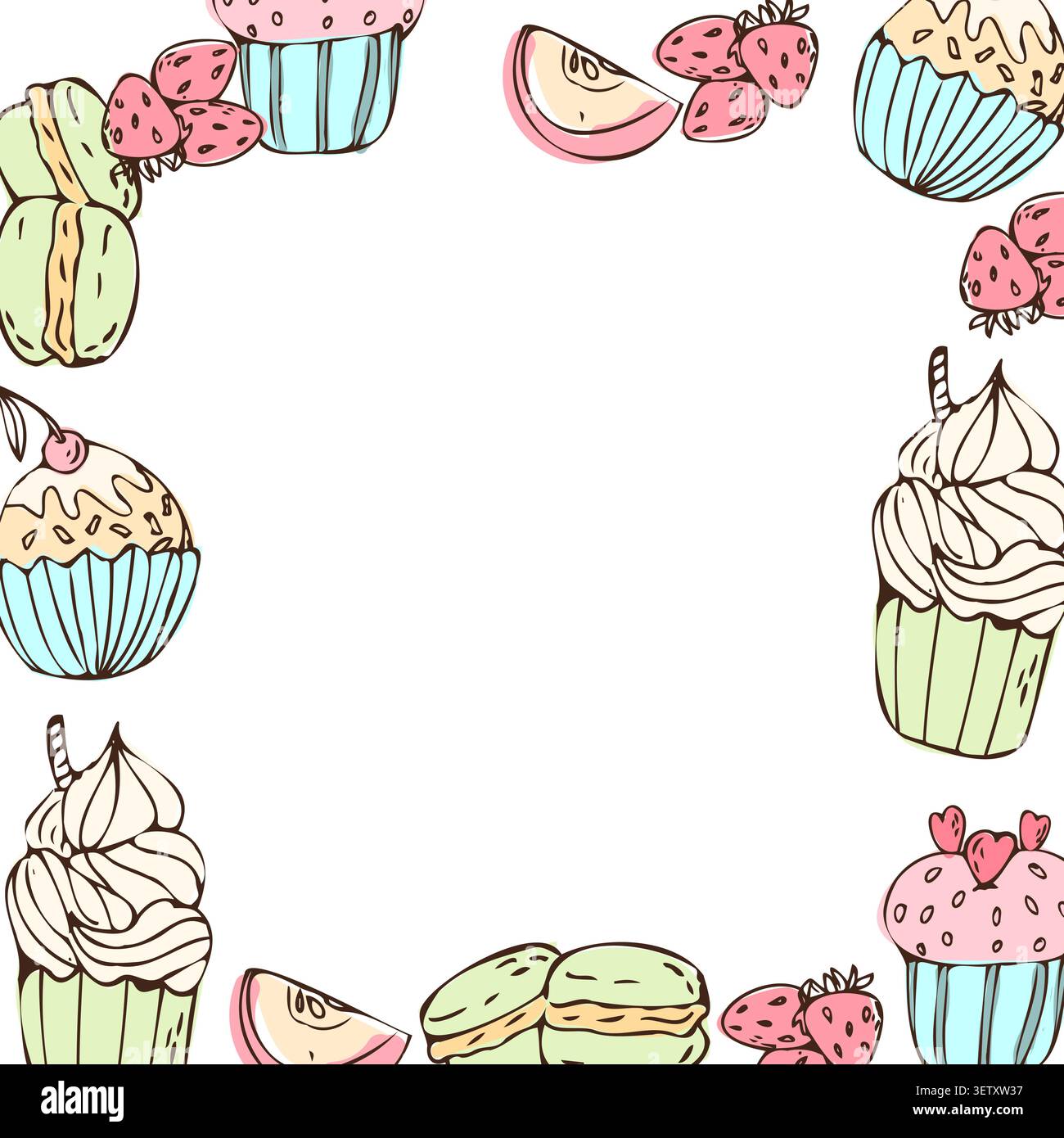 Handgezeichneter süßer Dessertrahmen, Kritzelillustration mit weichen Farben. Muffins, Apfel, Erdbeere, Cupcakes, Macarons Hintergrund für Food Design. Stock Vektor
