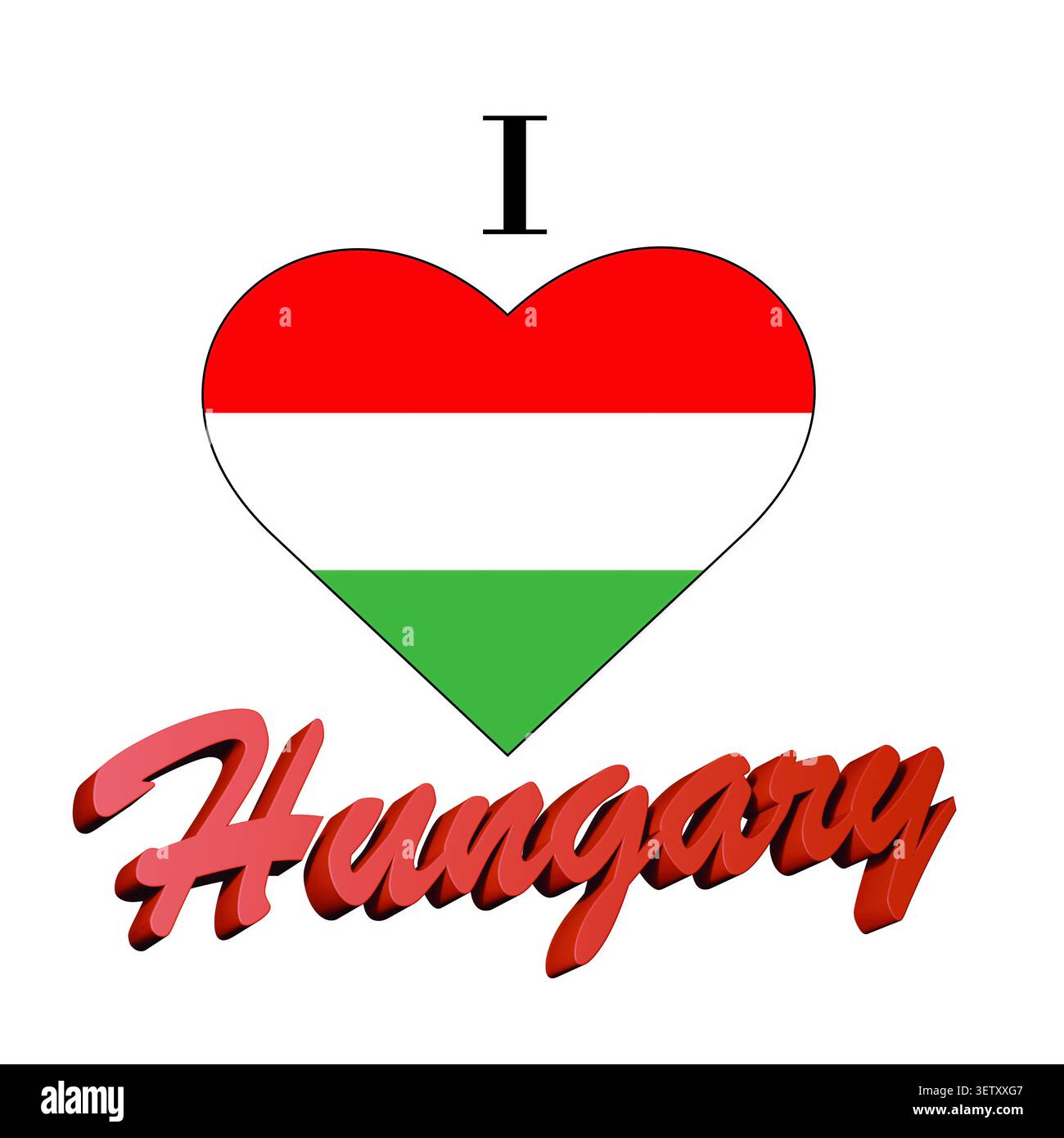 Illustration von I Love Hungary mit einem herzförmigen Schild mit einer Flagge auf weißem Hintergrund Stockfoto
