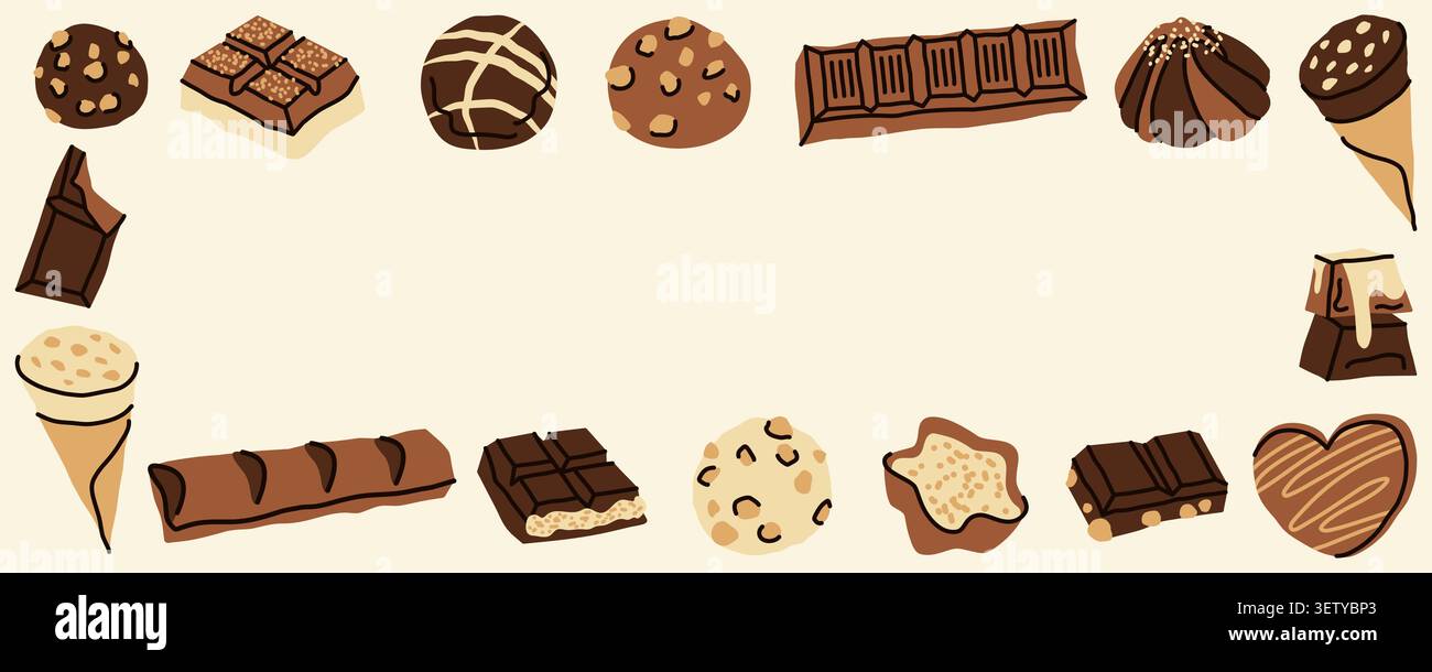 Schokoladenbonbons und Süßes Dessert Rahmen Banner Vorlage mit handgezeichneten Doodle Elementen für Süßwaren Promotion Stock Vektor