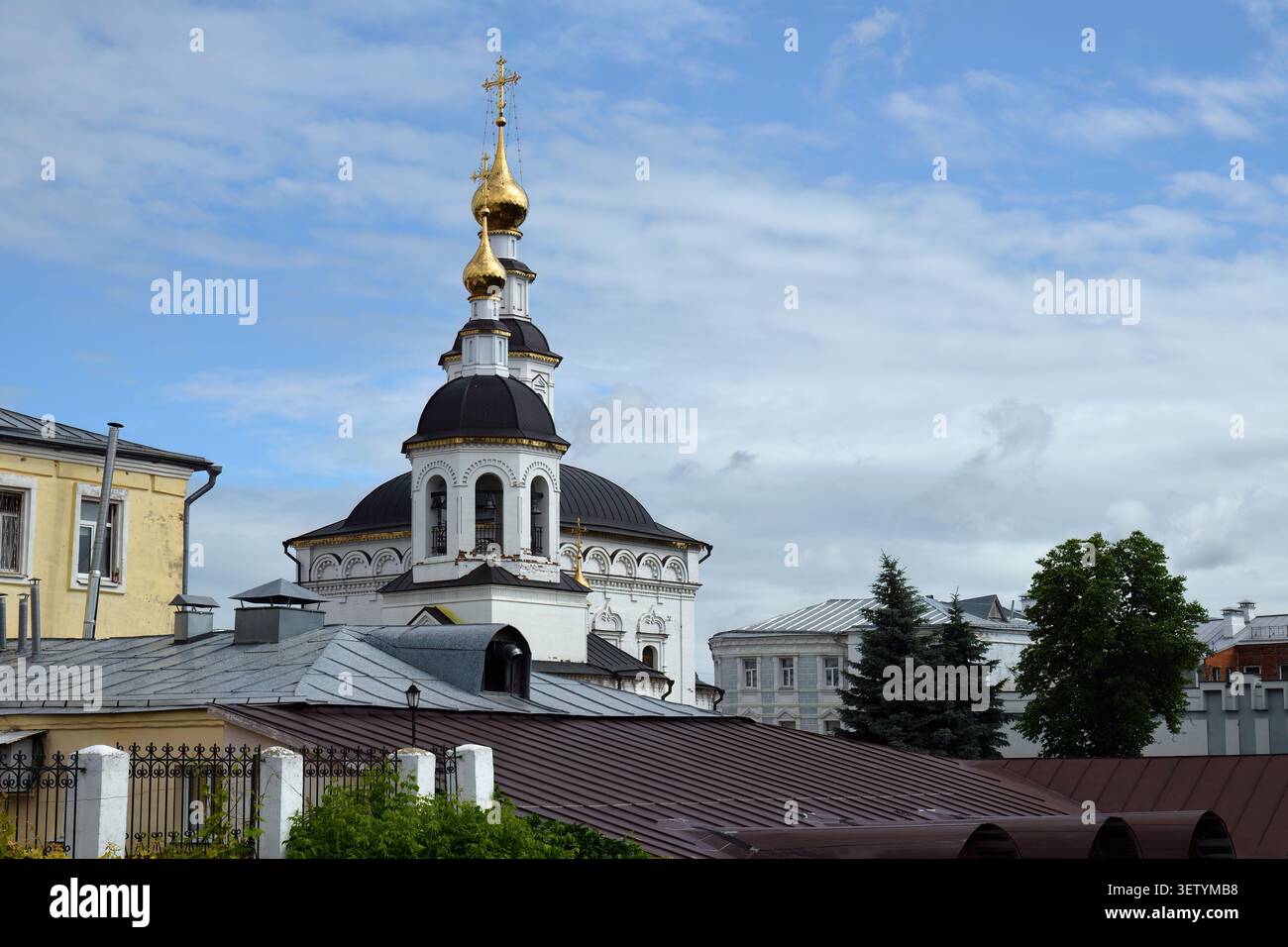 Kuppeln einer Kirche und Dächer alter Gebäude aus dem 19. Jahrhundert im historischen Teil von Wladimir. Russlands Goldener Ring Stockfoto
