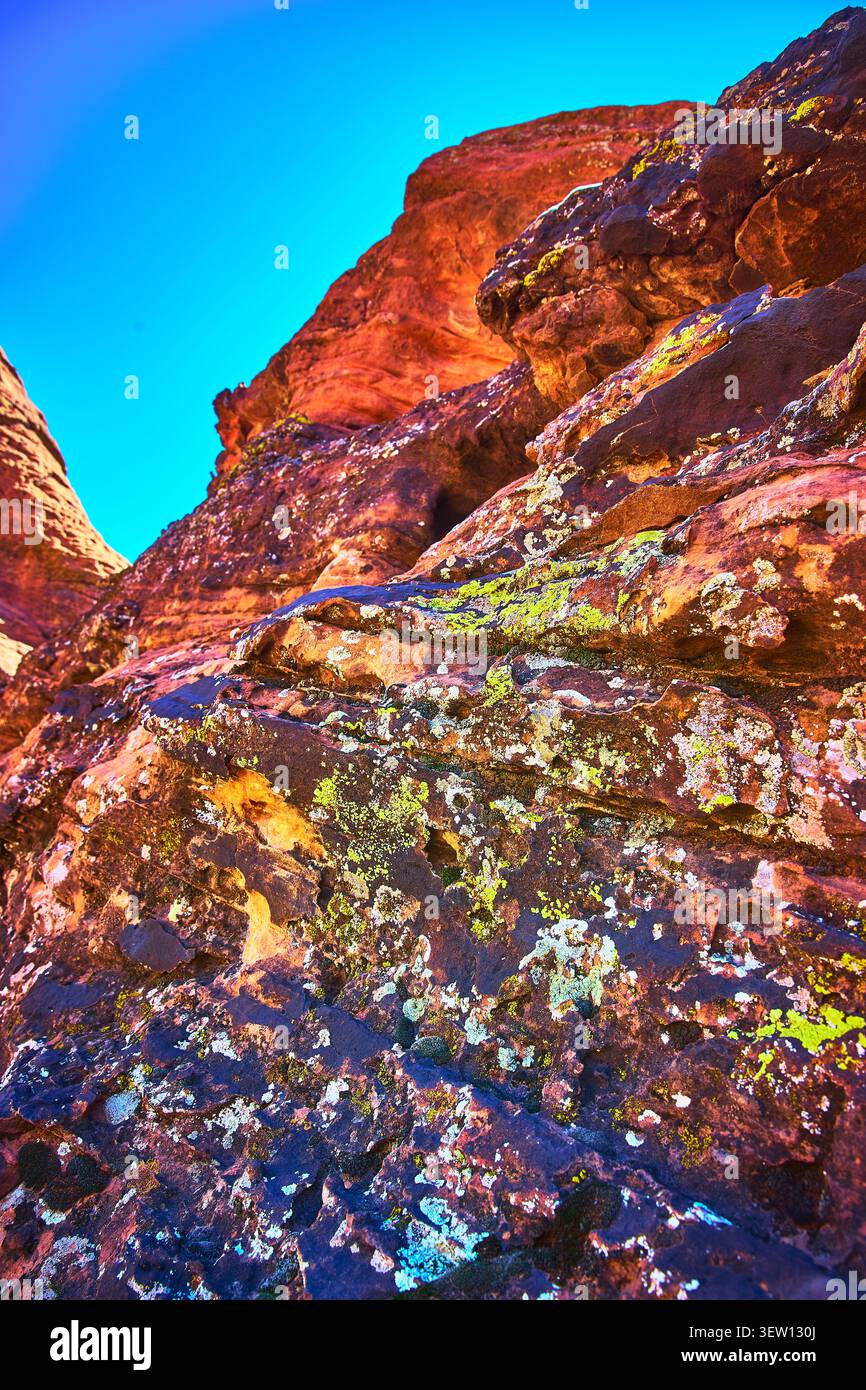 Farbenfrohe Sandsteinklippe mit Flechten und blauem Himmel in der Wüste Utah Stockfoto