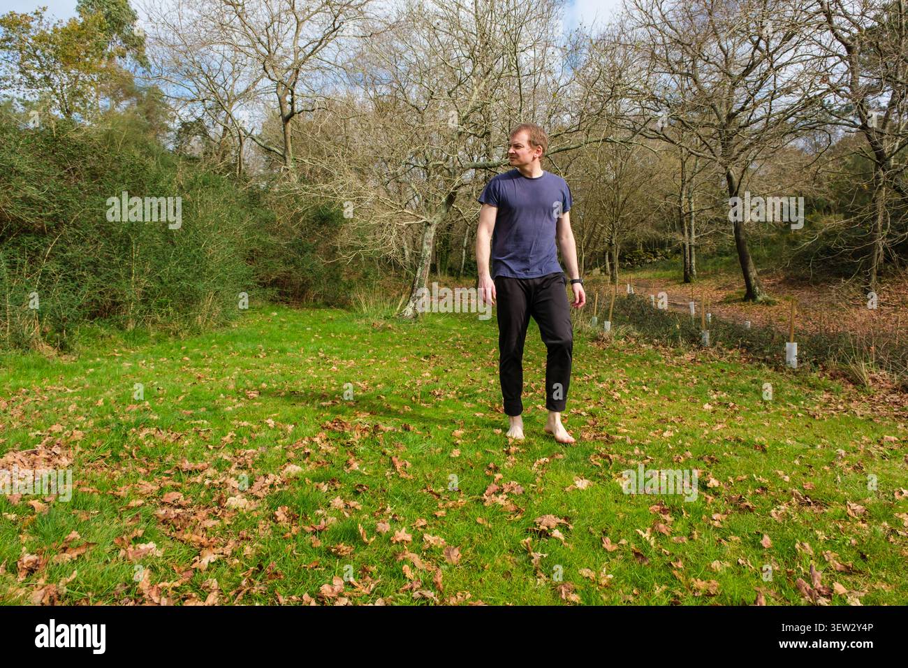 Der Mensch findet Frieden und Verbindung mit der Natur in einem Wald, während er barfuß auf Gras läuft Stockfoto