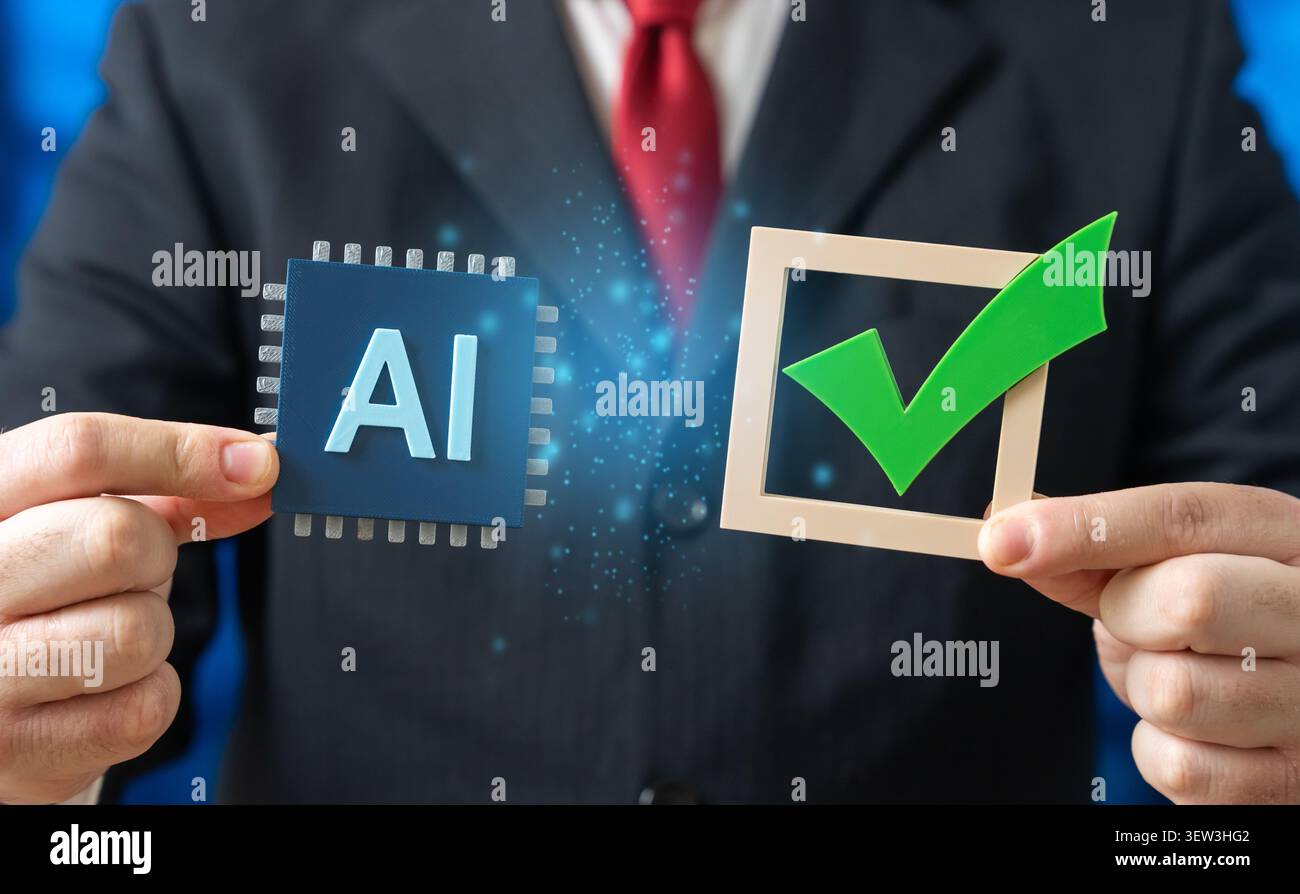 Ein Geschäftsmann mit KI-Technologie und einer Arbeitserlaubnis. Berechtigung zur Implementierung von AI-Modellen. Gütezeichen. Sicherheit und Steuerbarkeit künstlicher intel Stockfoto