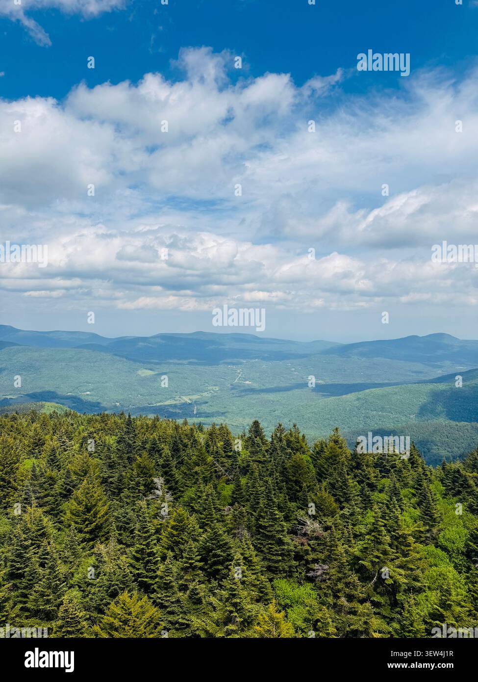 Blick von der Spitze der Stufen des Hunter Mountain Fire Tower. Atemberaubender, weitläufiger Blick auf die Berge, die Region, den Bundesstaat New York und darüber hinaus. Stockfoto