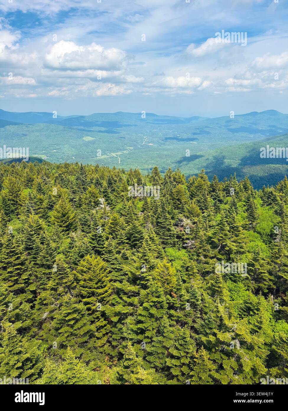 Blick von der Spitze der Stufen des Hunter Mountain Fire Tower. Atemberaubender, weitläufiger Blick auf die Berge, die Region, den Bundesstaat New York und darüber hinaus. Stockfoto