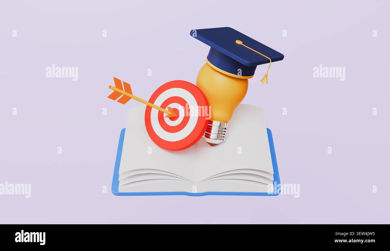 Glühlampe mit Graduierungskappe, Graduierungssymbol, Bachelor-Abschluss, Zielsymbol und offenes Buch, Graduierungsziel-Konzept Stockfoto