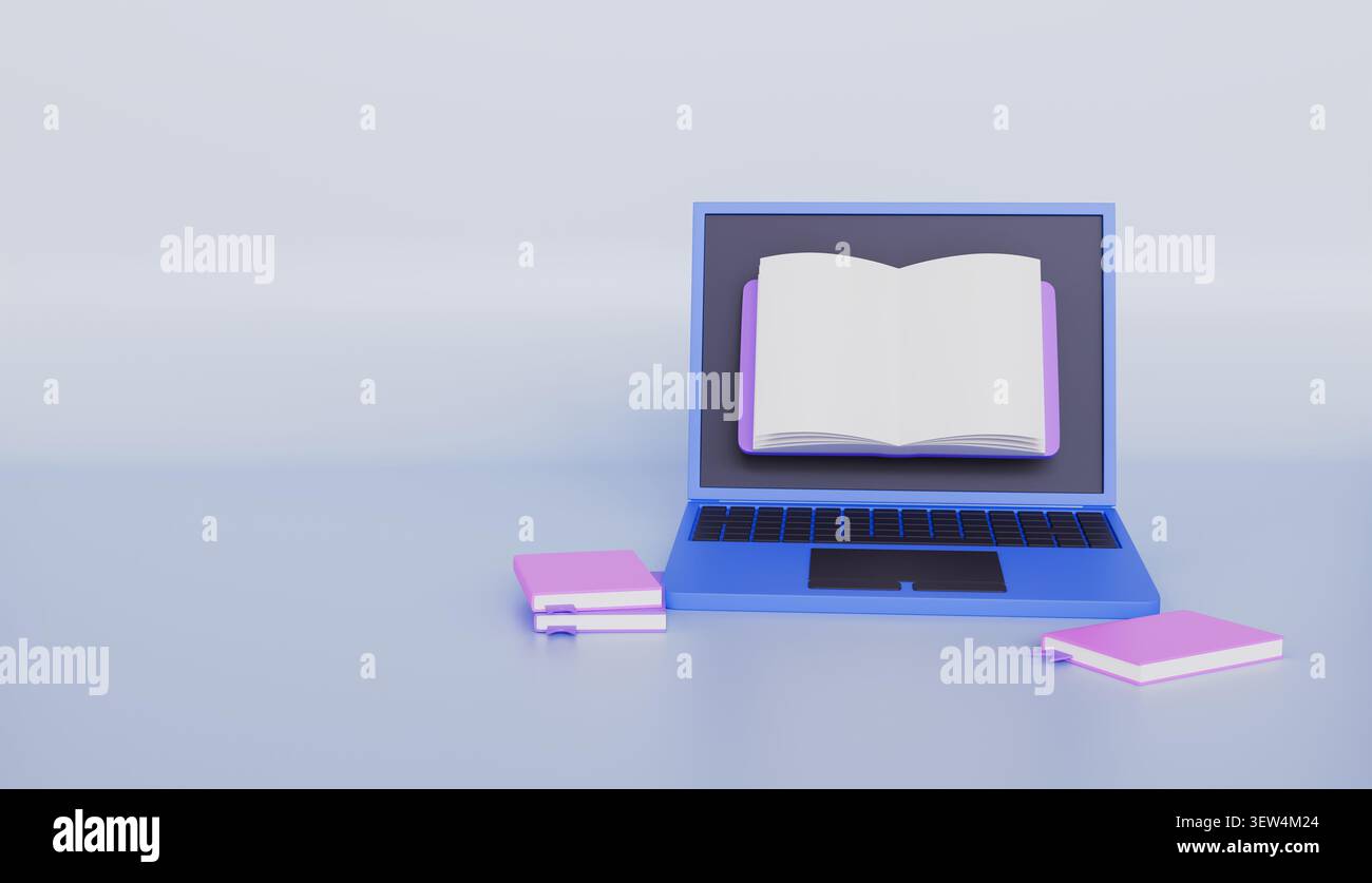 Bücher online über Gadgets lesen und kaufen, Laptop und Bücher, Promo-Poster für das Internet mit Platz für Text Stockfoto