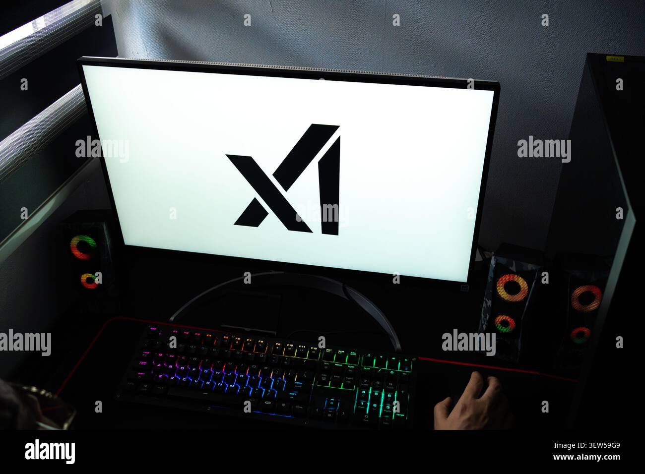 Eine Person an einem Schreibtisch mit dem xAI-Künstlichen-Intelligenz- und Grok-Chatbot-Logo, das auf einem Computermonitor angezeigt wird Stockfoto
