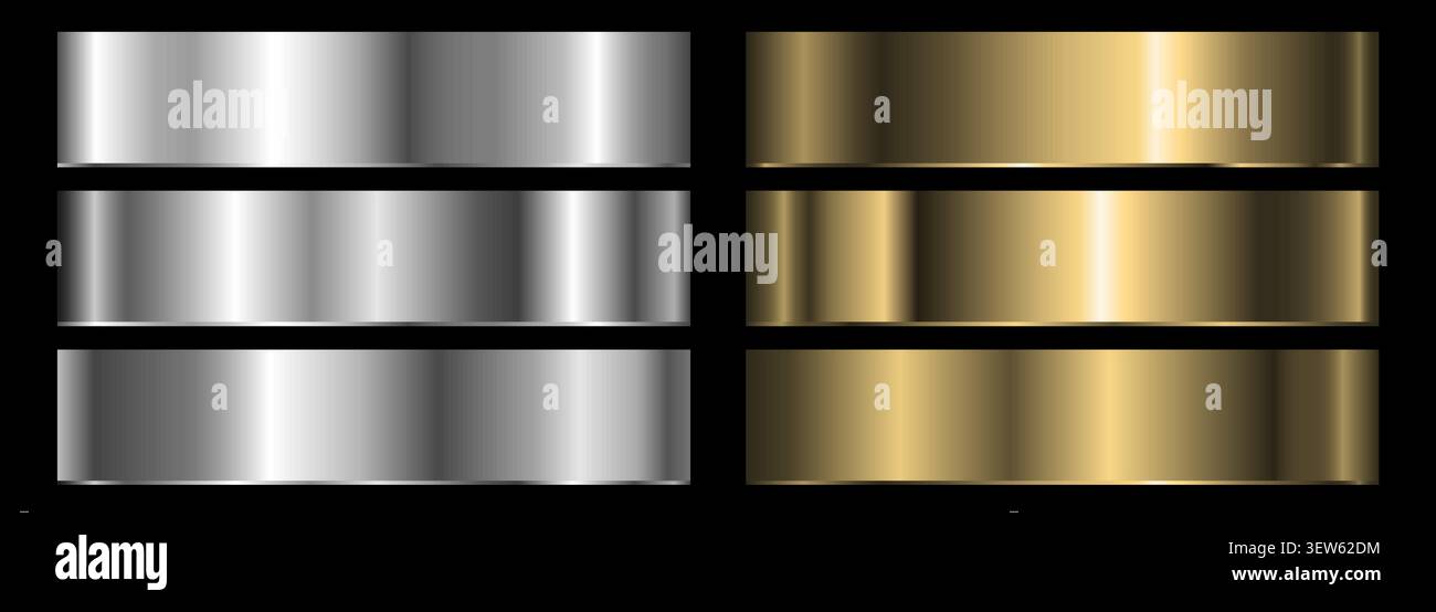 Eine Reihe von Silber- und Gold-Metallic-Verläufen. Vektorsammlung von Metallverläufen für Chromknopf, Band, Messing-Metallrahmen, Etikettendesign. Stock Vektor