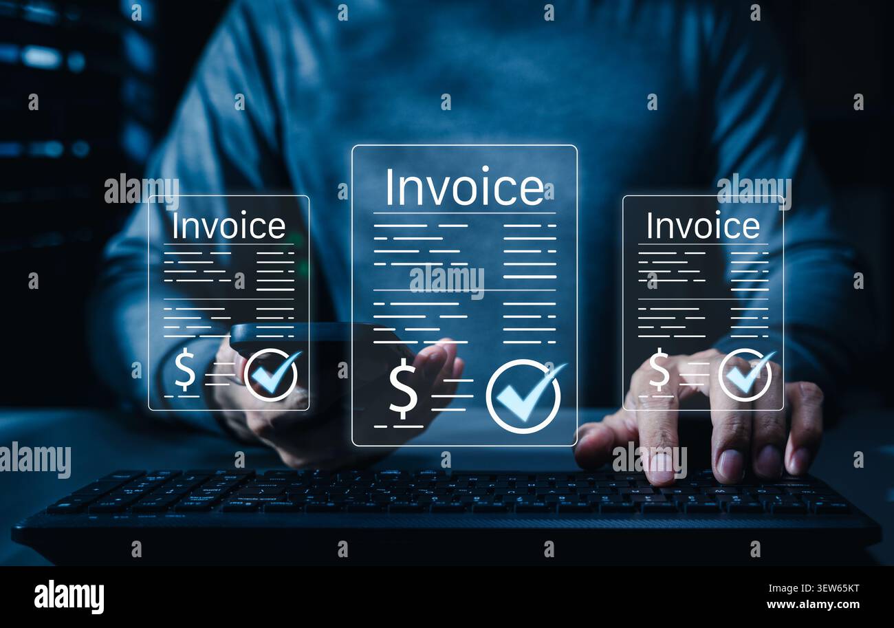 Konzept für die digitale Rechnungsfreigabe und Online-Zahlungsverarbeitung mit verifizierten Rechnungsdokumenten, Häkchenvalidierung, E-Rechnung, Finanzunterlagen Stockfoto