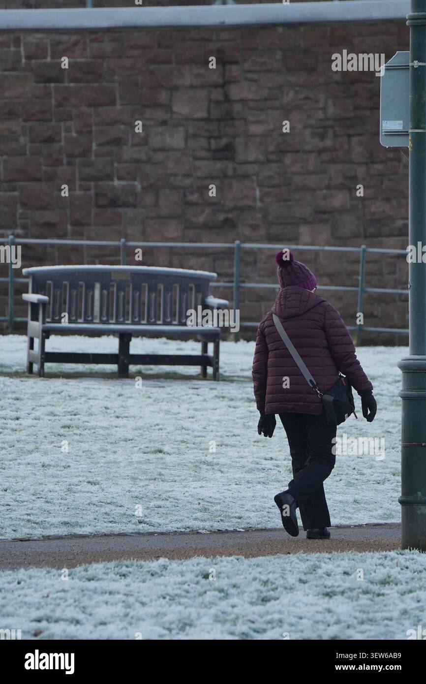 Person, die über frostigen Parkrasen im Winter geht Stockfoto
