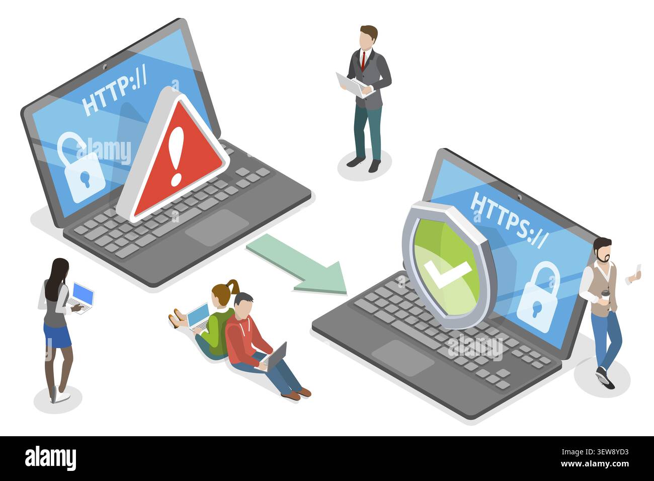 3D Isometrische flache konzeptionelle Darstellung von HTTP im Vergleich zu HTTPS-Protokoll Stockfoto