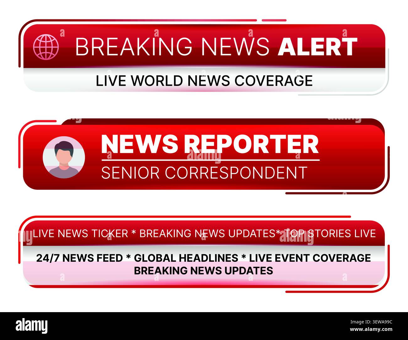 Unteres drittes Banner mit Live-Alarm, Reportertitel und Nachrichtenticker-Vektor Stock Vektor