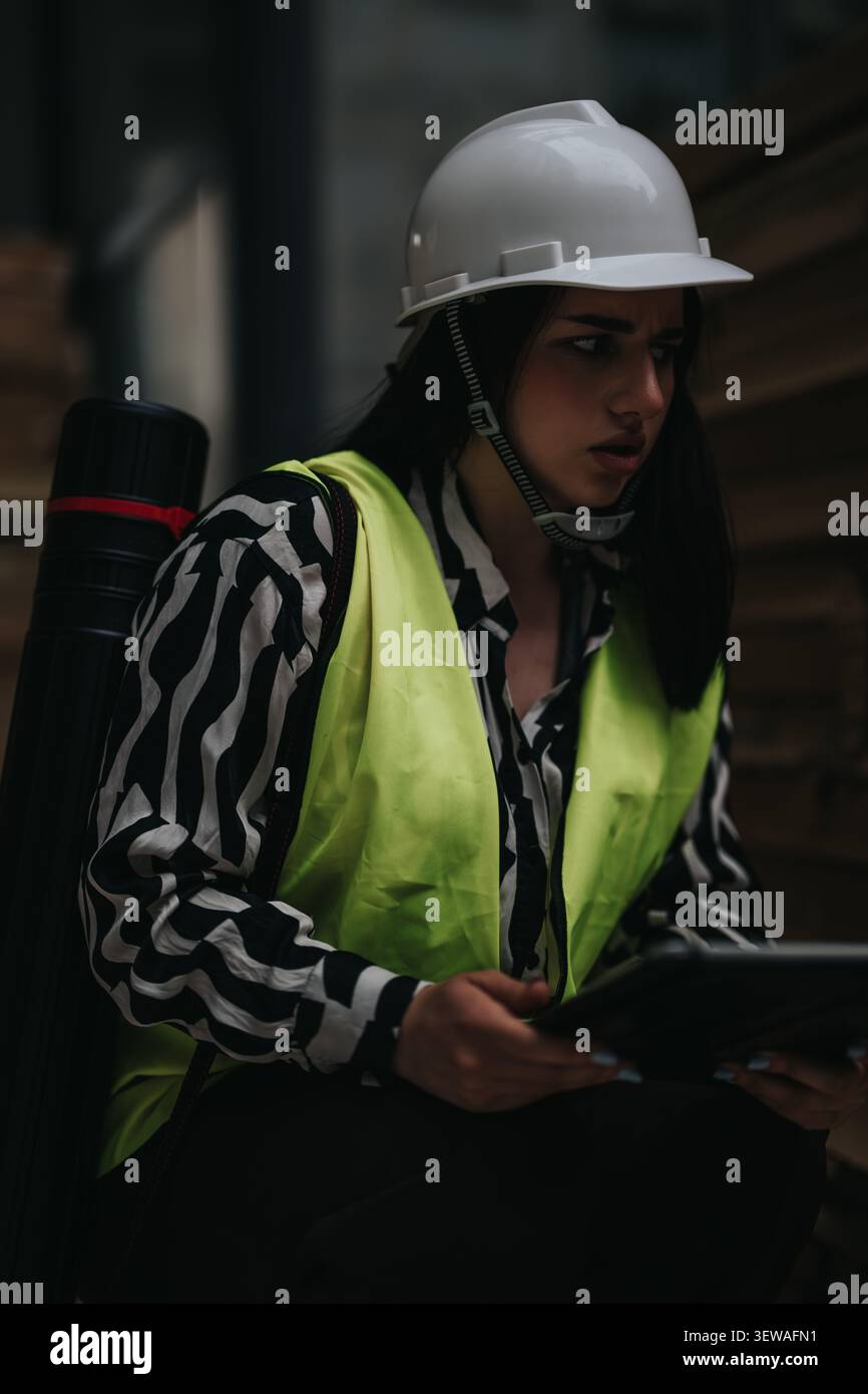 Bauarbeiterin in Schutzhelm und Warnweste mit Tablet auf der Baustelle Stockfoto