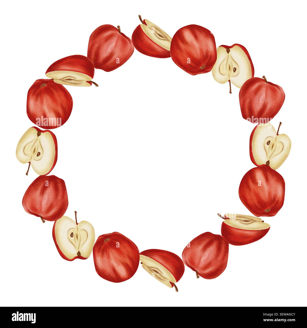 Rote Äpfel und Apfelscheiben in einem symmetrischen kreisförmigen Kranzmuster auf einem klaren und schlichten, lebendigen Farbton und Textur. Stockfoto