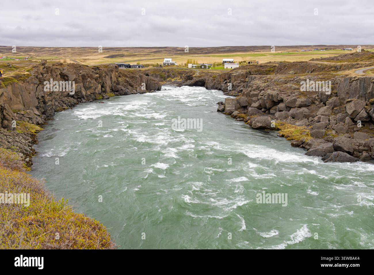Gletscherschlucht des Skjálfandafljót-Flusses in der Nähe des Goðafoss-Wasserfalls in Island mit rauschendem grünem Wasser, Basaltfelsen, Häusern und einem bewölkten Himmel. Stockfoto