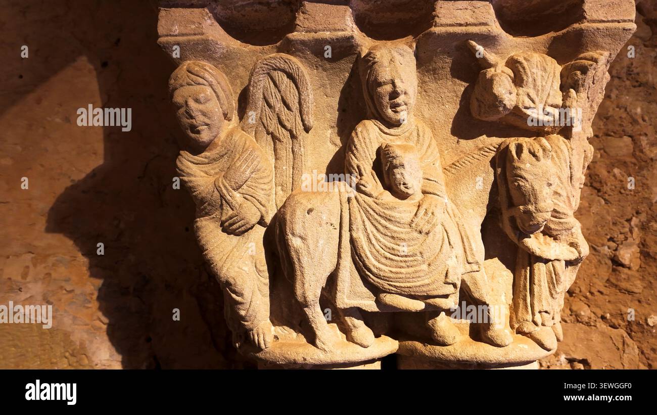 Soria, Spanien, 22. März 2026 romanische Hauptstadt, die den Flug nach Ägypten darstellt, San Juan de Duero Stockfoto