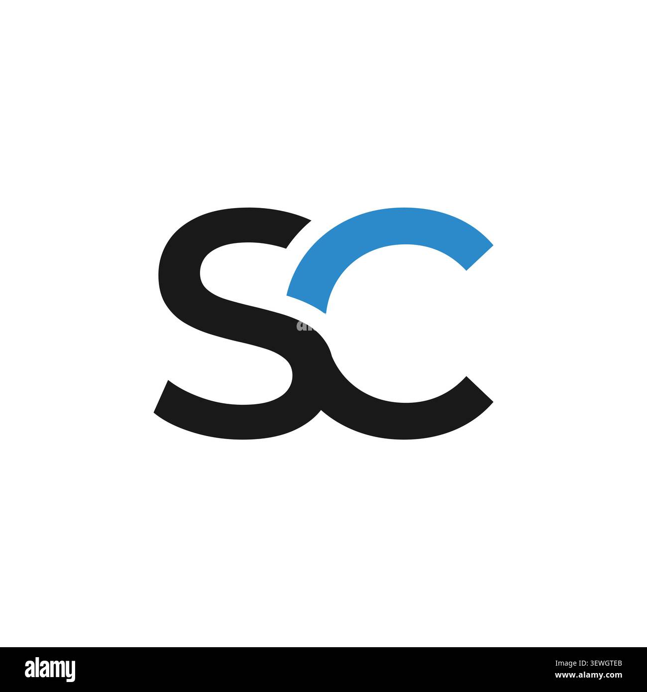 Eine minimalistische, typografische Logovorlage, die die Buchstaben S und C in klaren Kurven mit kontrastierenden schwarzen und hellblauen Farben kombiniert. Stock Vektor