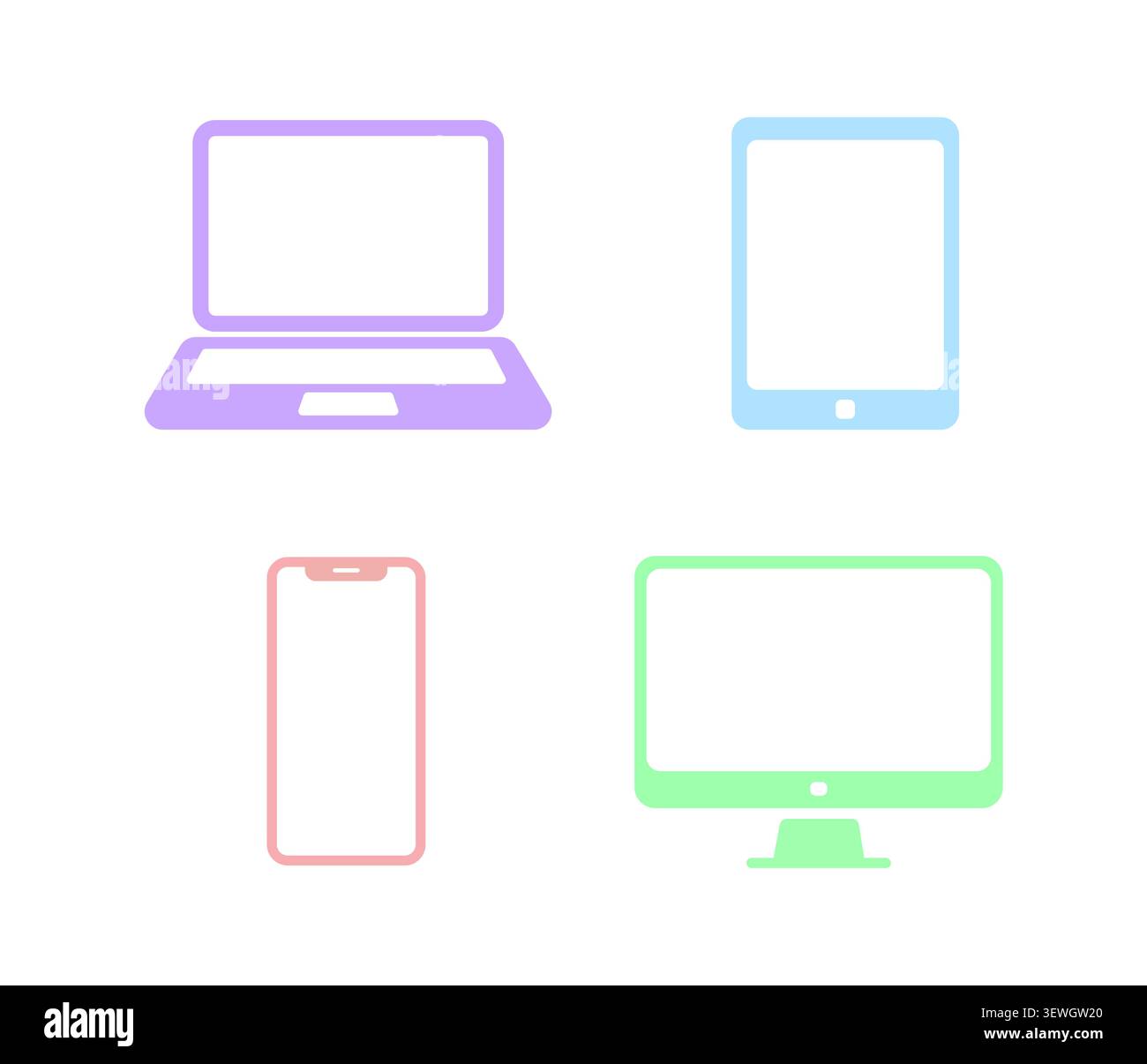 Modellsymbole für Geräte mit Umrissen für Laptops, Smartphones, Tablets und Desktop-Computer für responsive UI-, Web- und App-Design-Vektoren Stock Vektor