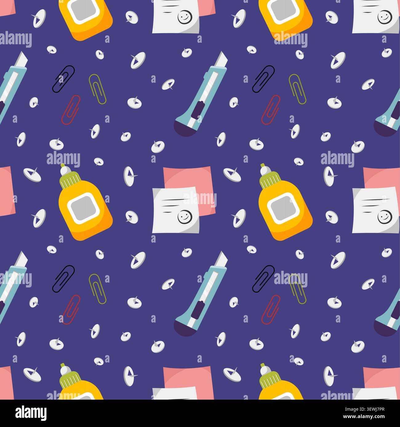 Nahtloses Muster für Büromaterialien. Büroklammer, Papierschneidemesser, Aufkleber. Schulbedarf. Schreibwaren-Design. Vektortextur. Stock Vektor