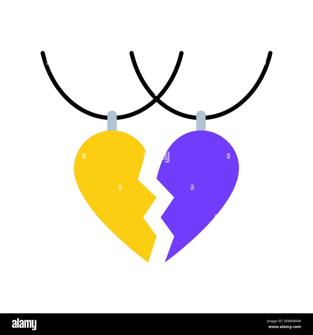 Minimalistische Vektor-Illustration von gelben und lila Herzhälften auf schwarzen Halsketten, die Freundschaft oder Verlust darstellen. Isoliert auf weißem Hintergrund. Stock Vektor