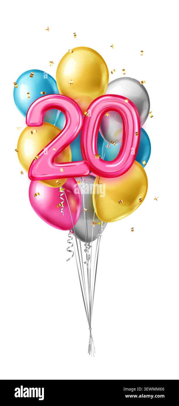 Bunte Folienballons, die die Zahl 20 beschreiben, mit goldenen, rosa, blauen und silbernen Akzenten, die nach oben schweben. Stock Vektor